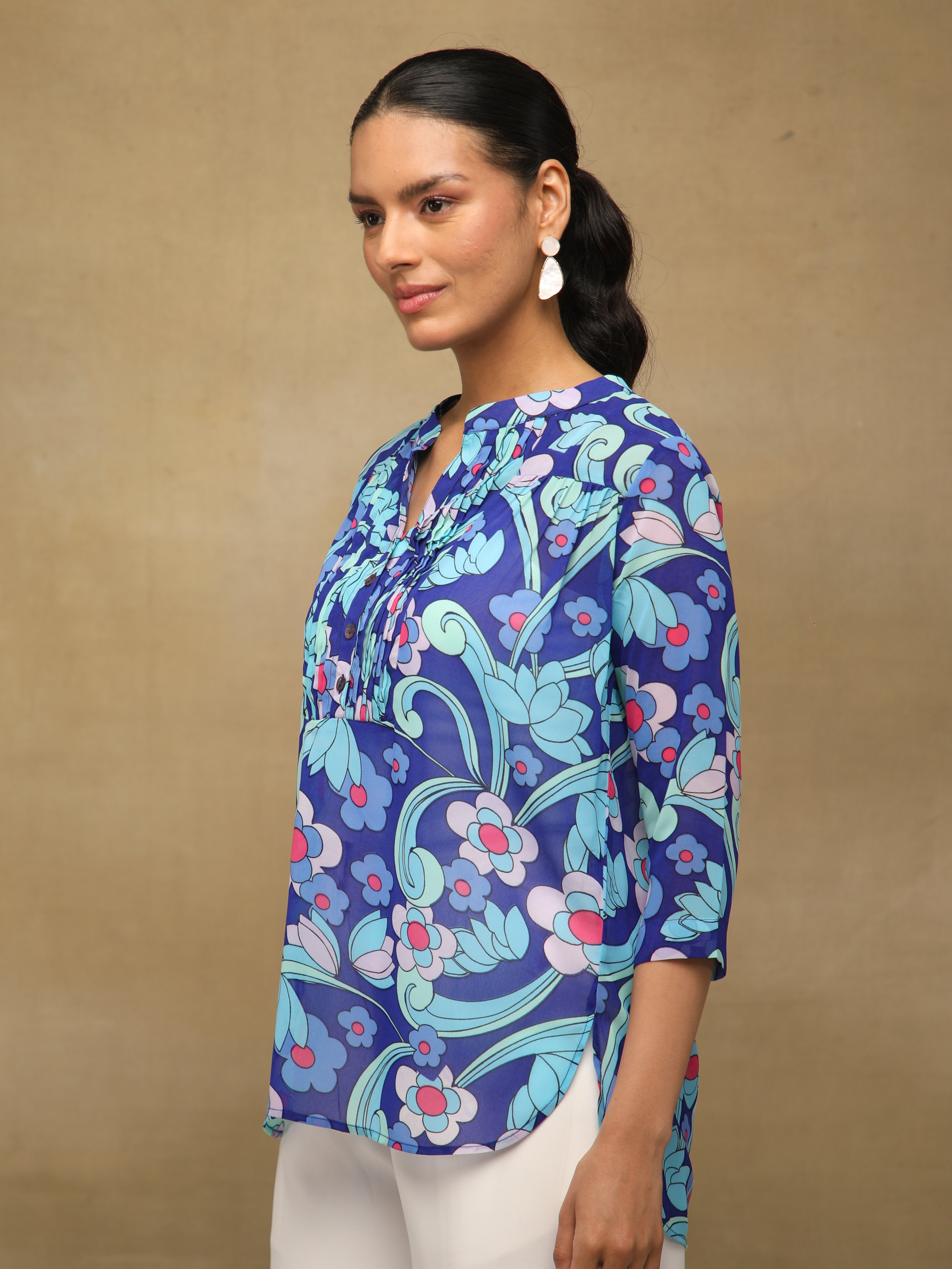 Blue Pleated Printed Top