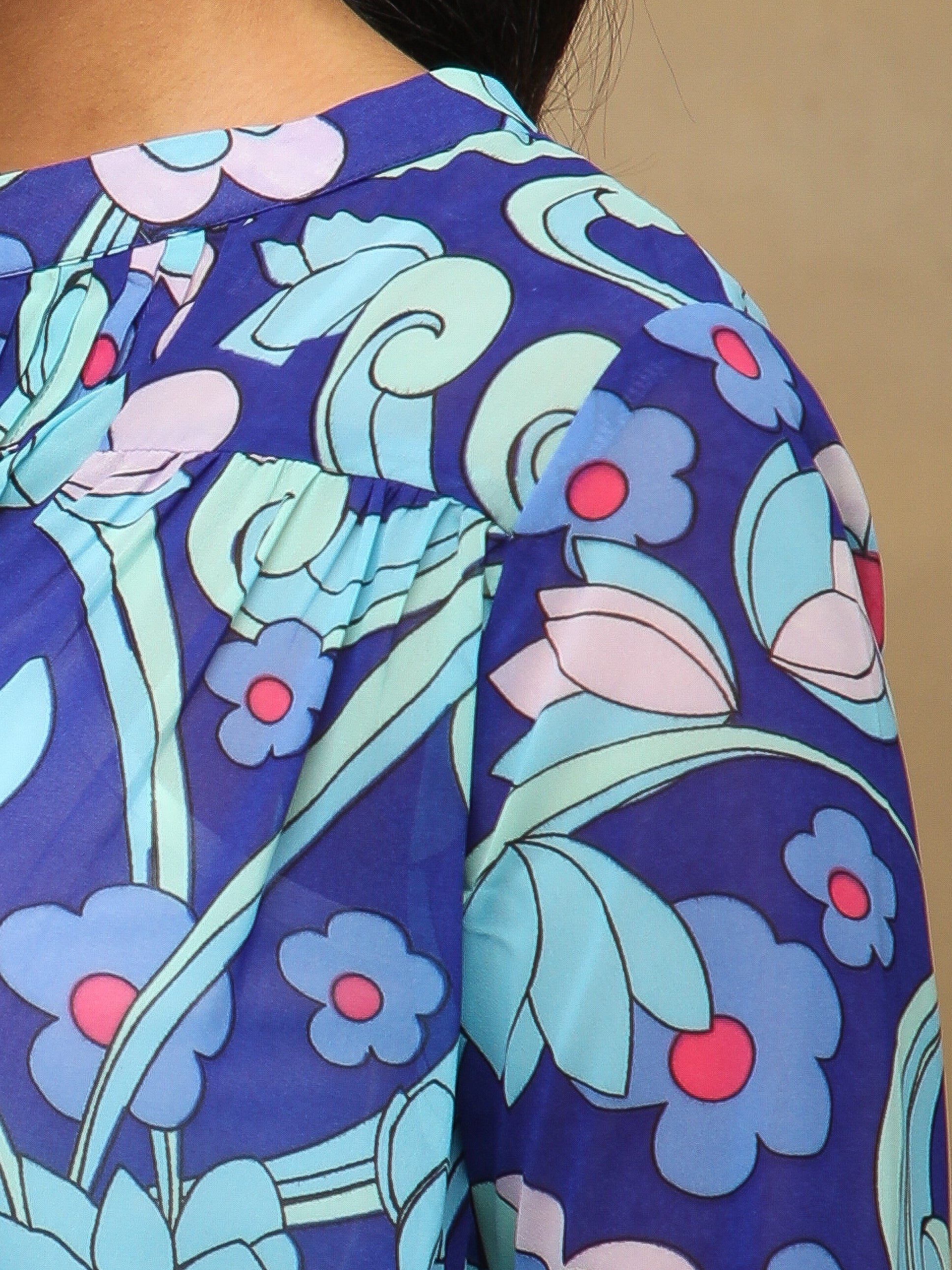 Blue Pleated Printed Top