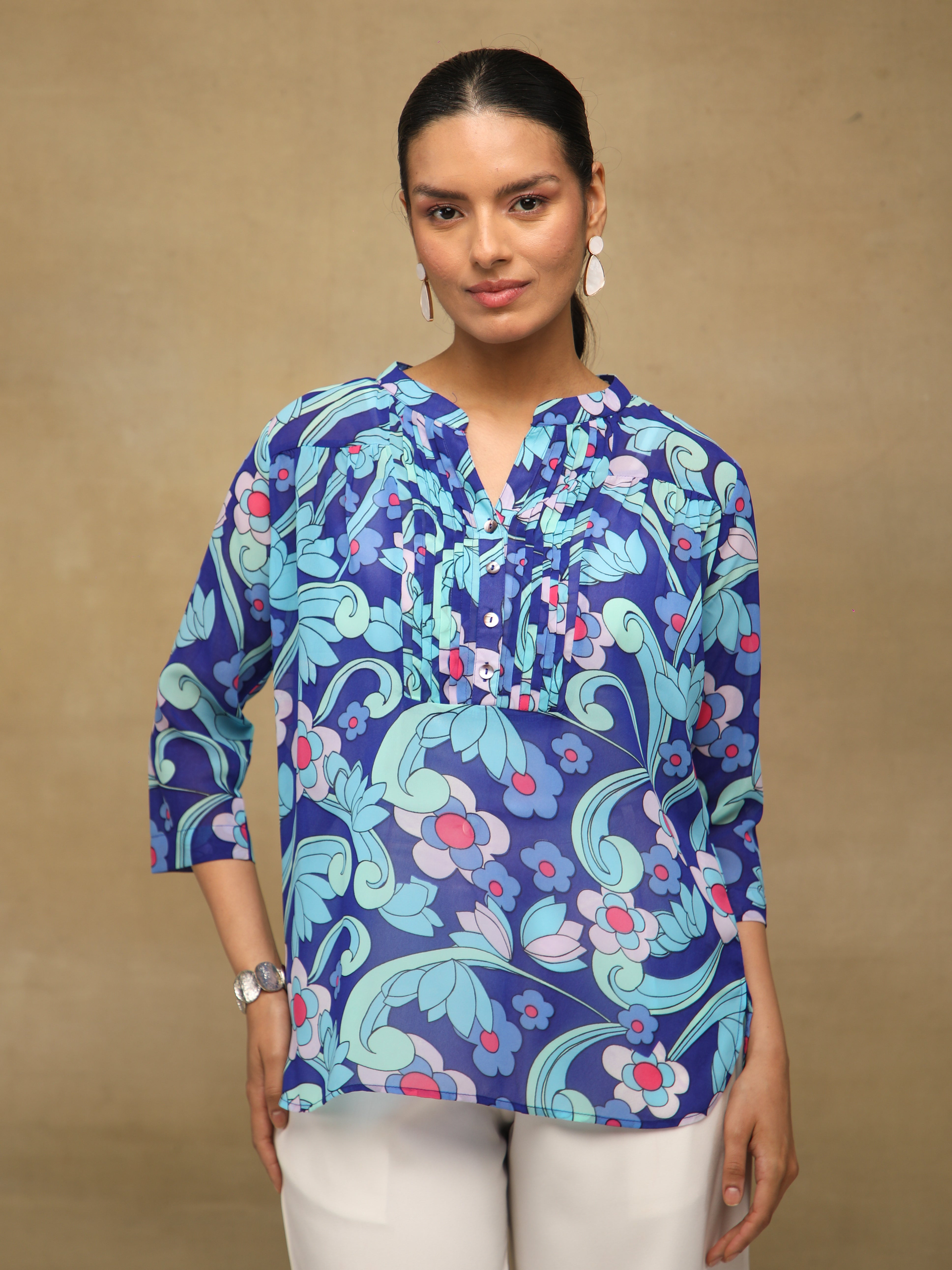 Blue Pleated Printed Top