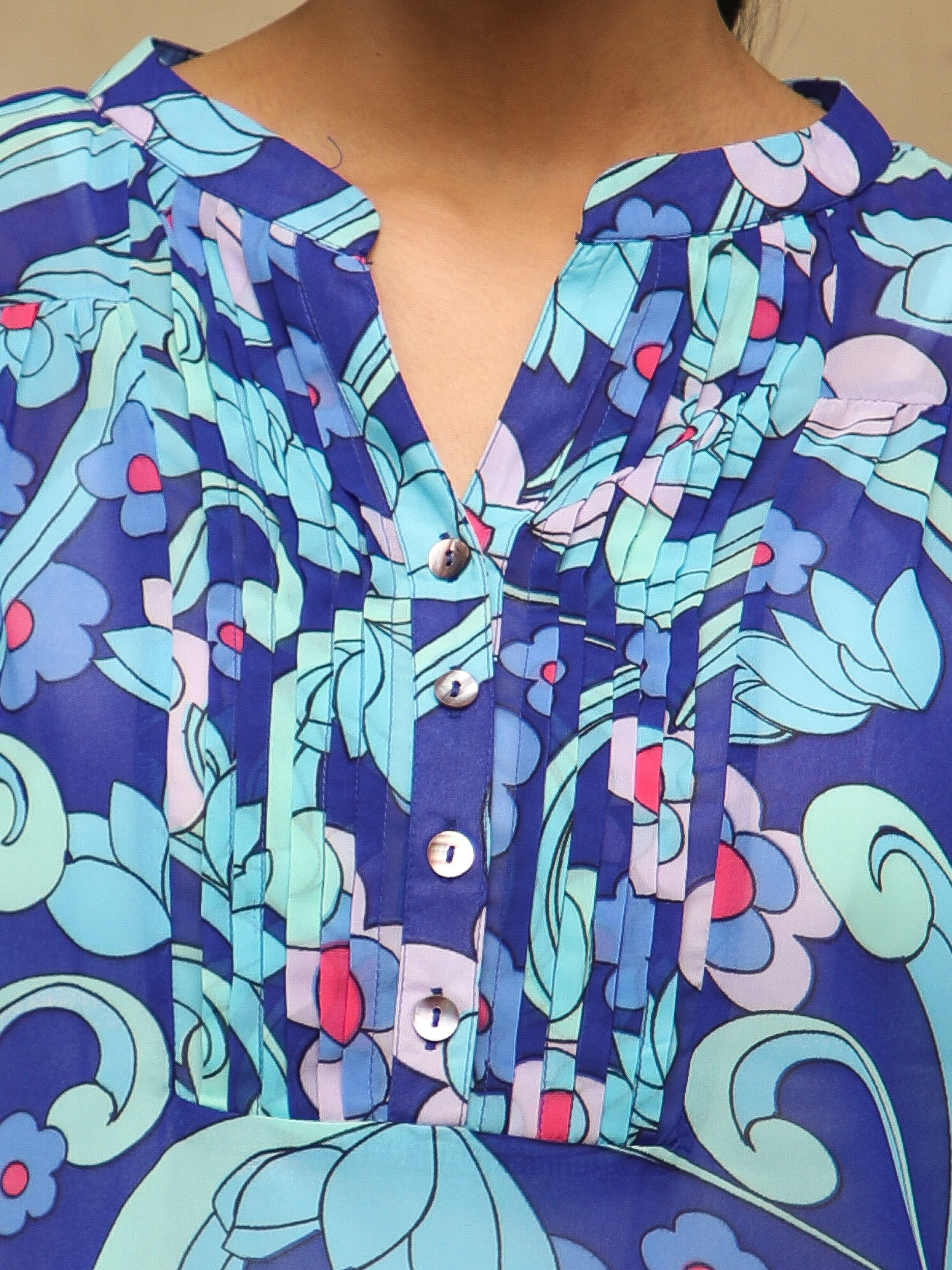 Blue Pleated Printed Top