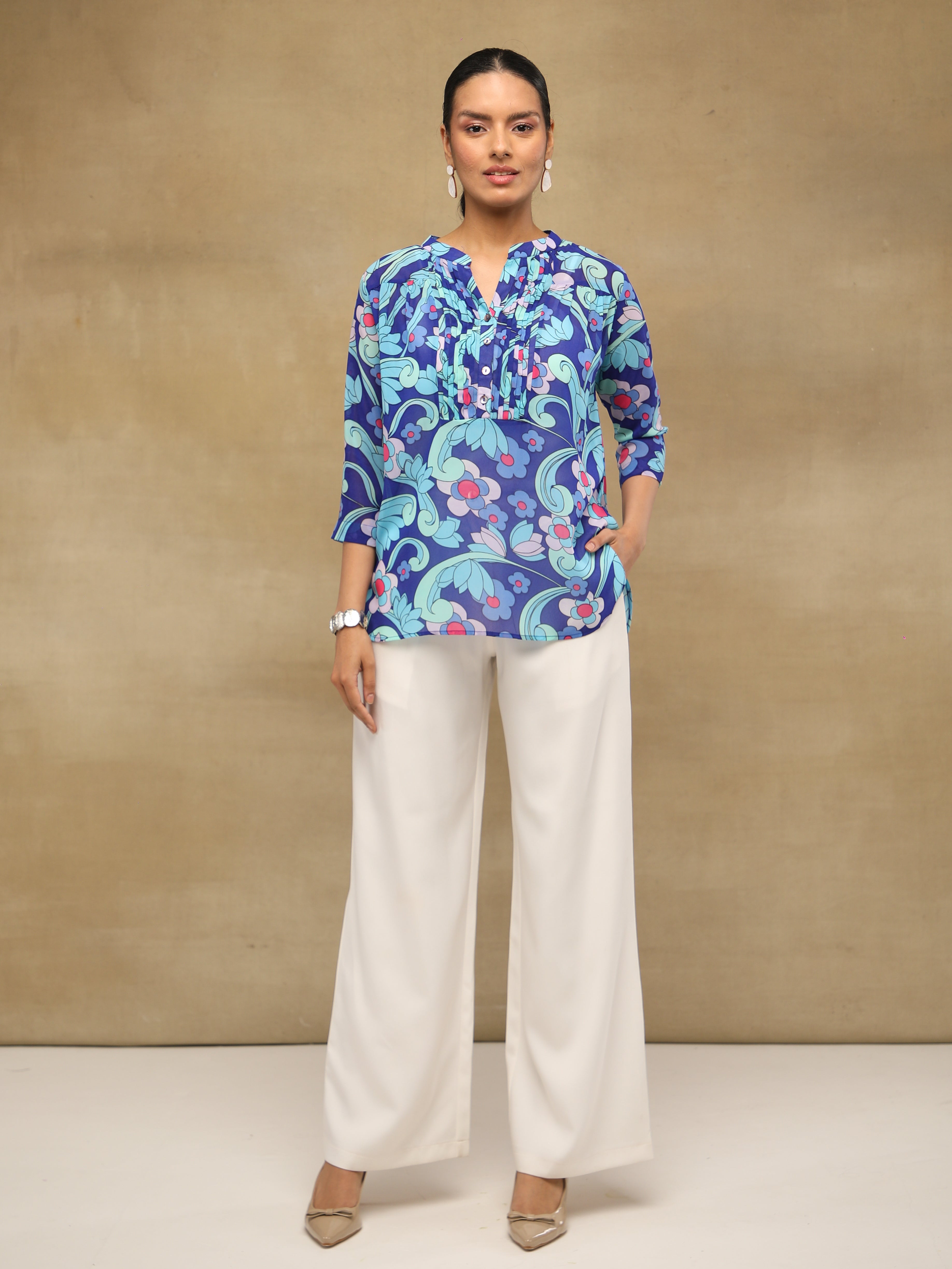 Blue Pleated Printed Top