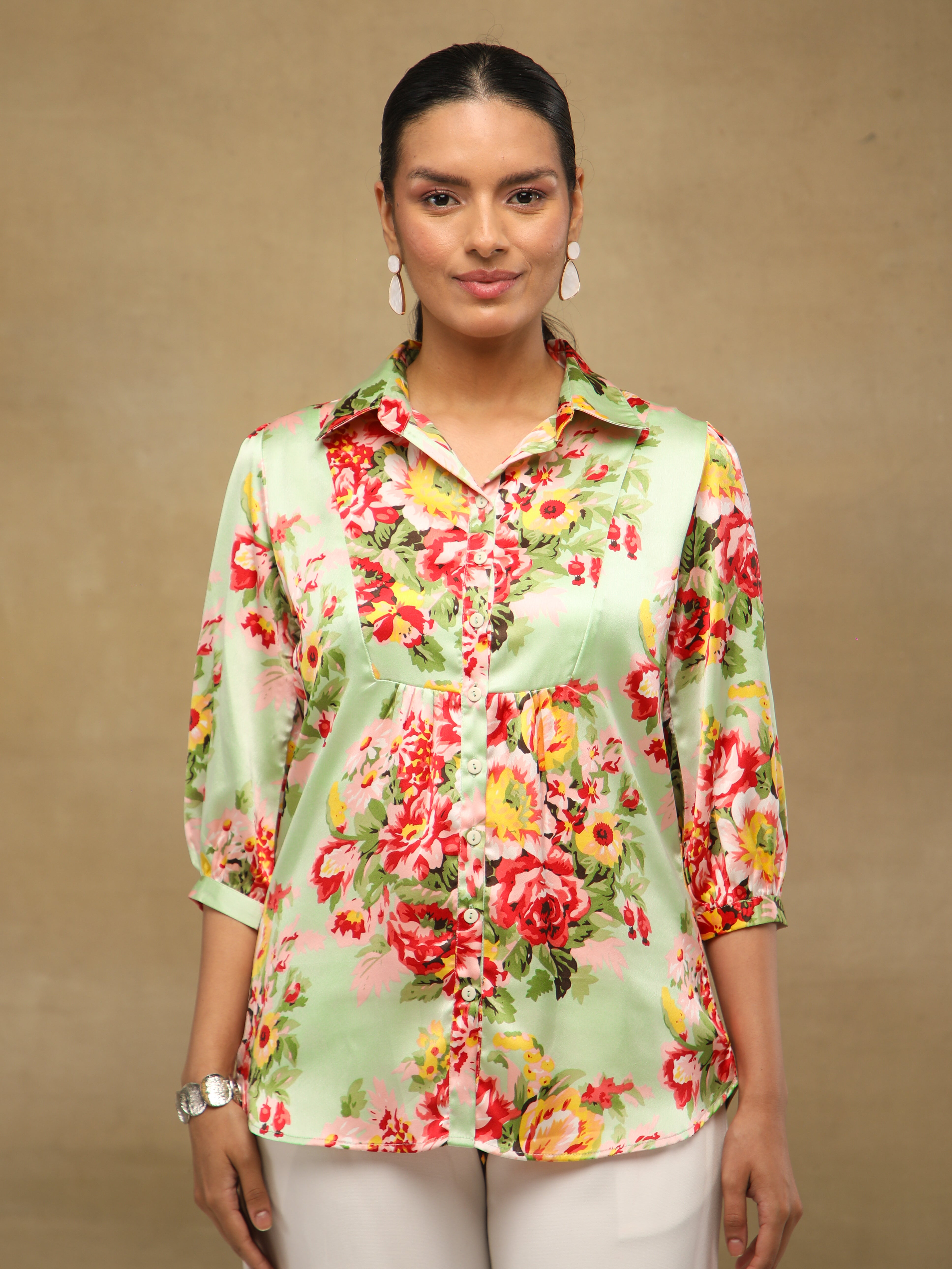 Front Yoke Gather Mint Shirt