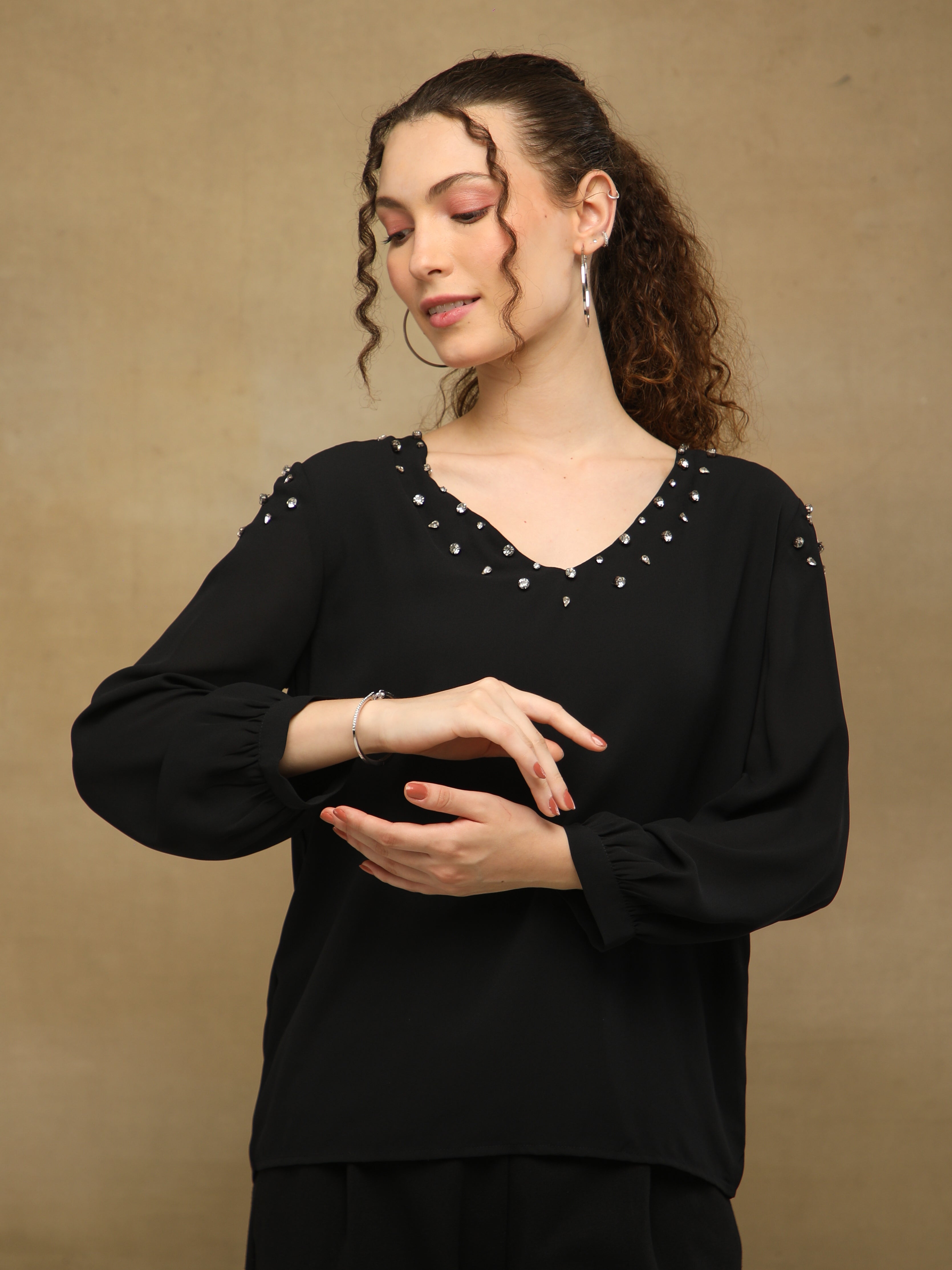 Rhinestone Georgette Black Top