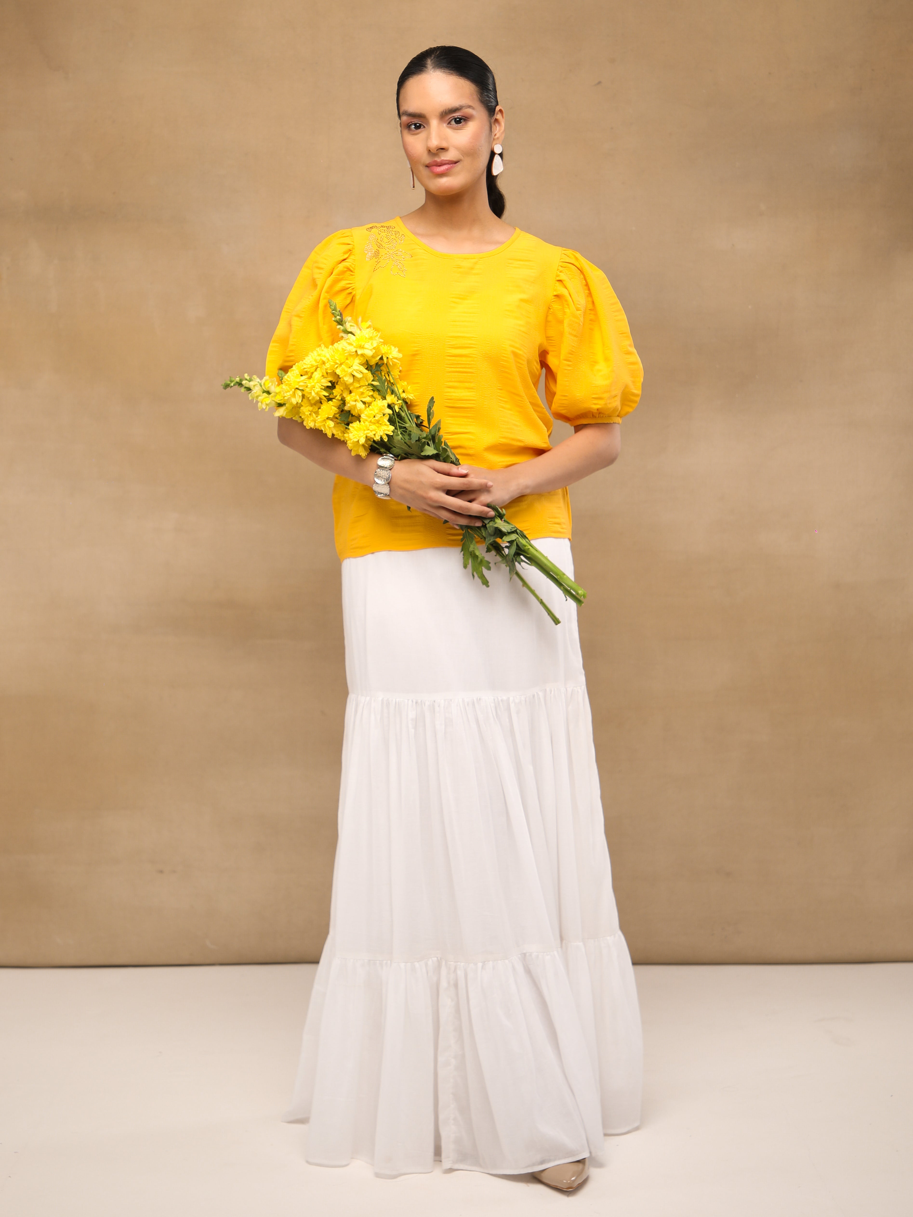 Yellow Swarovski Puff Sleeve Top