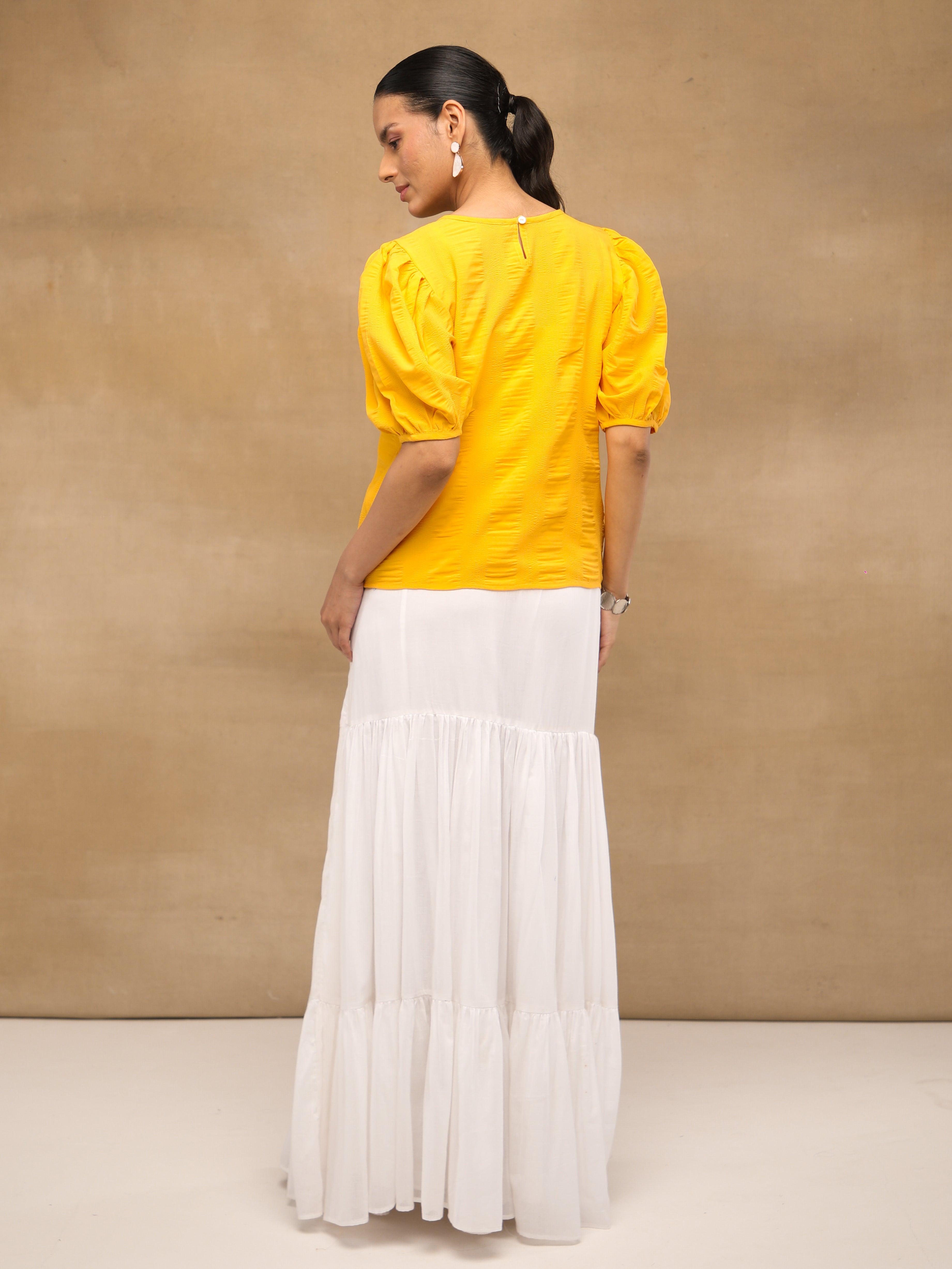 Yellow Swarovski Puff Sleeve Top