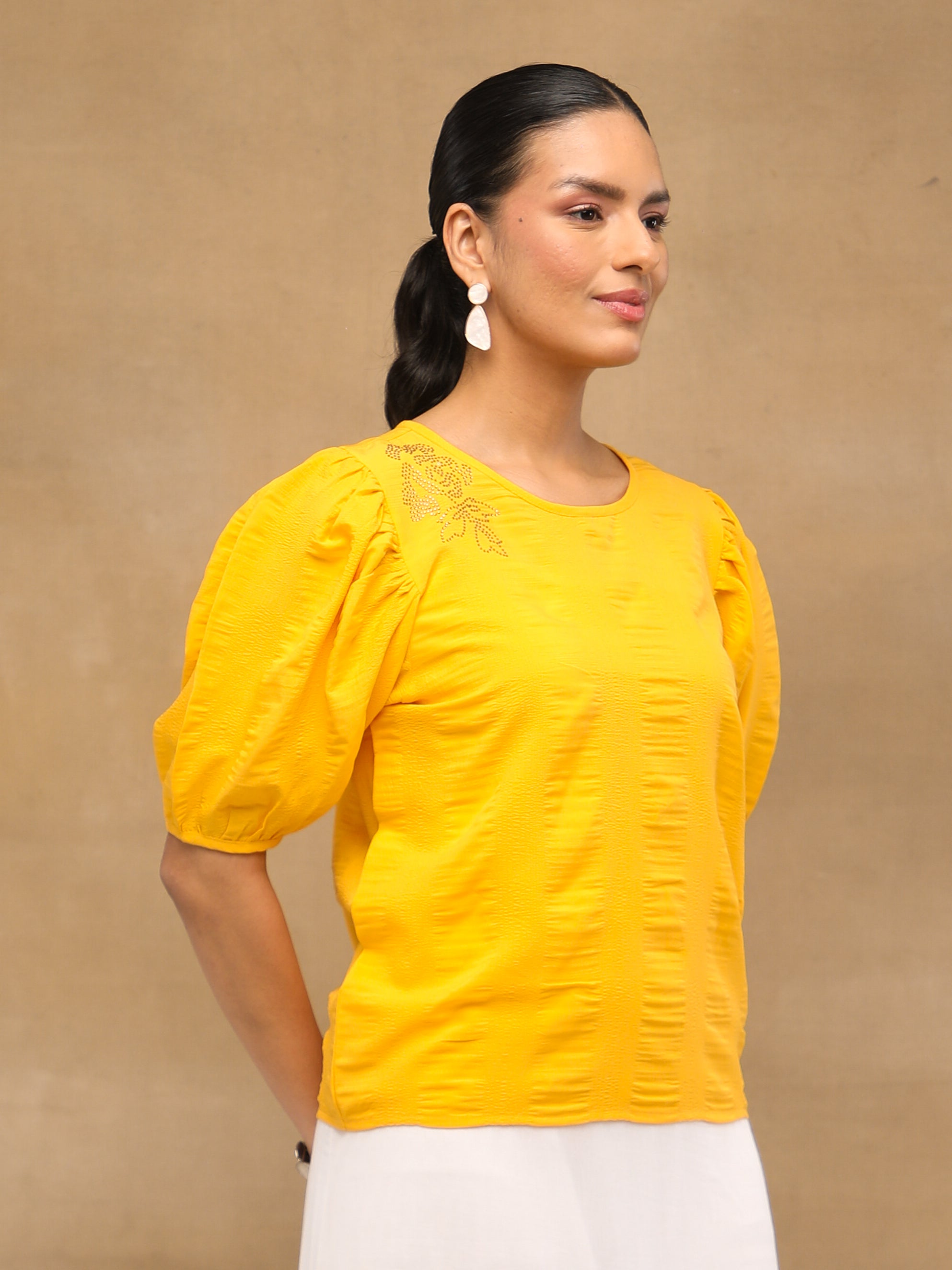 Yellow Swarovski Puff Sleeve Top