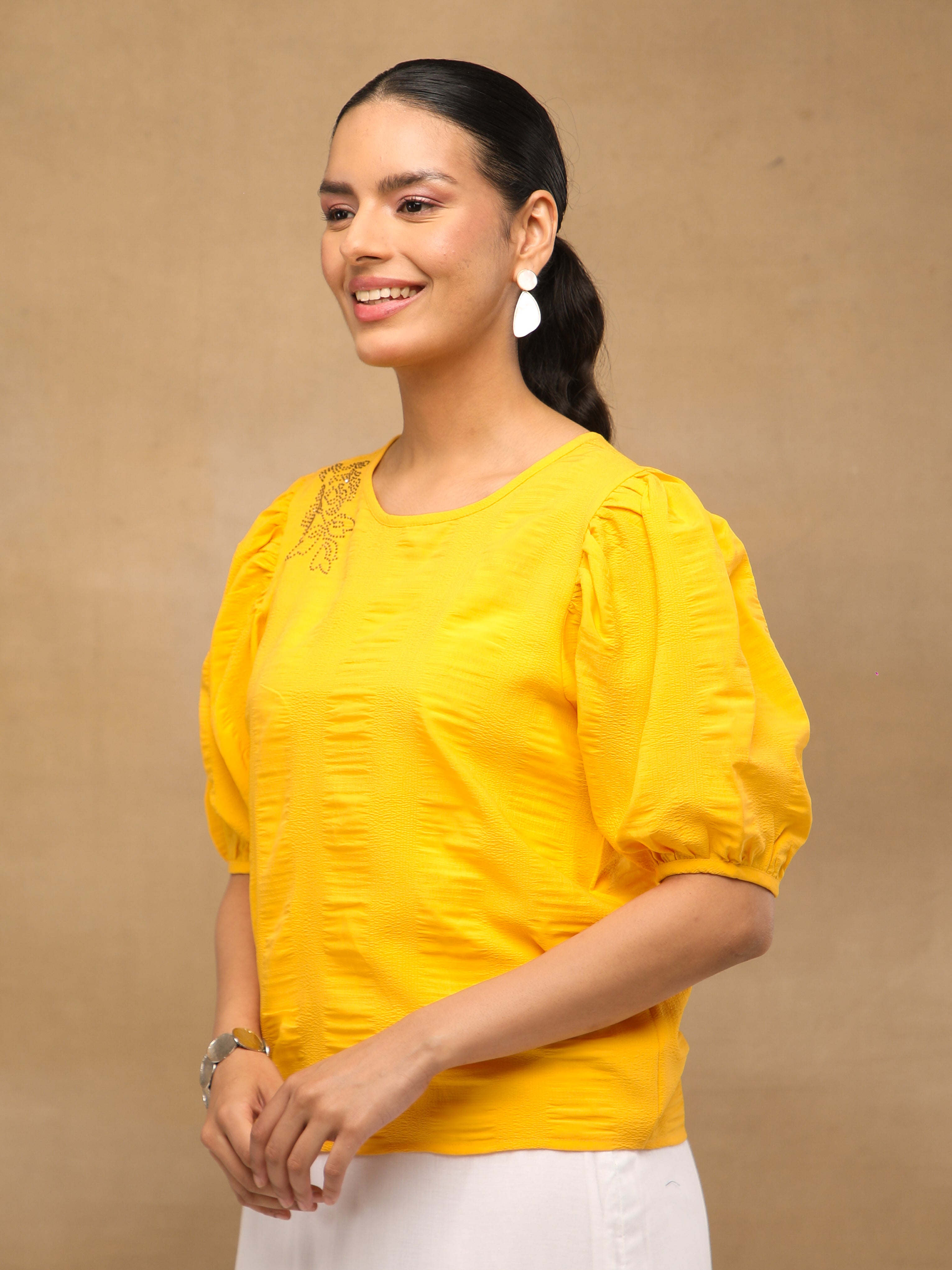 Yellow Swarovski Puff Sleeve Top