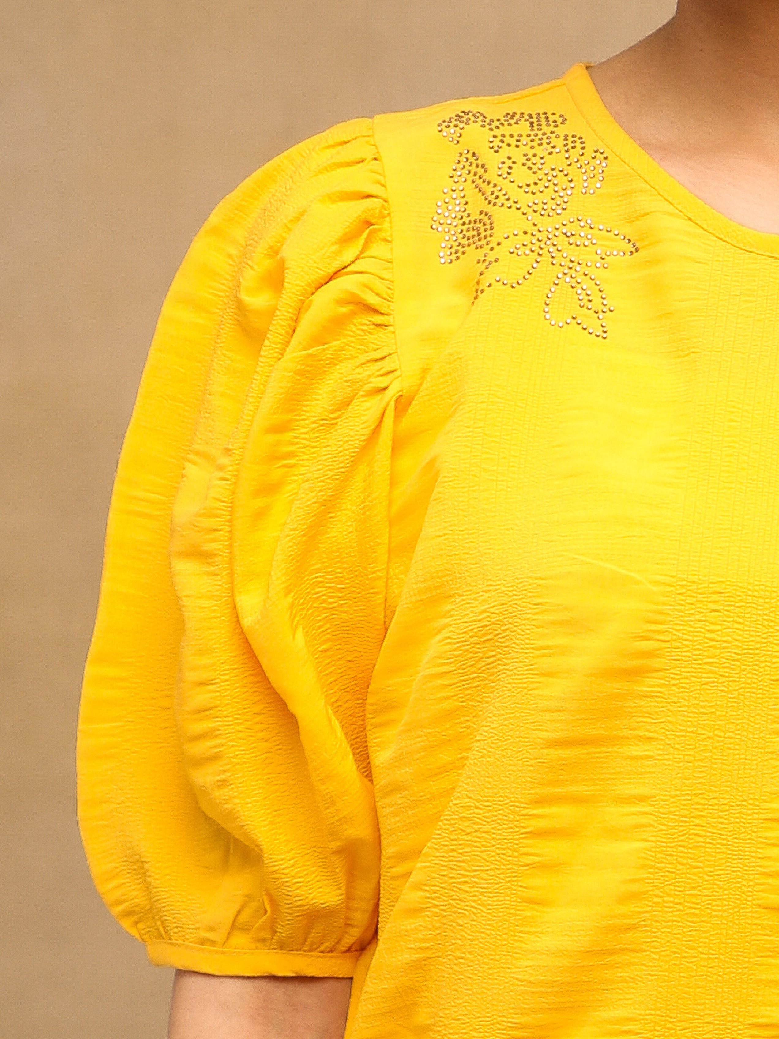 Yellow Swarovski Puff Sleeve Top