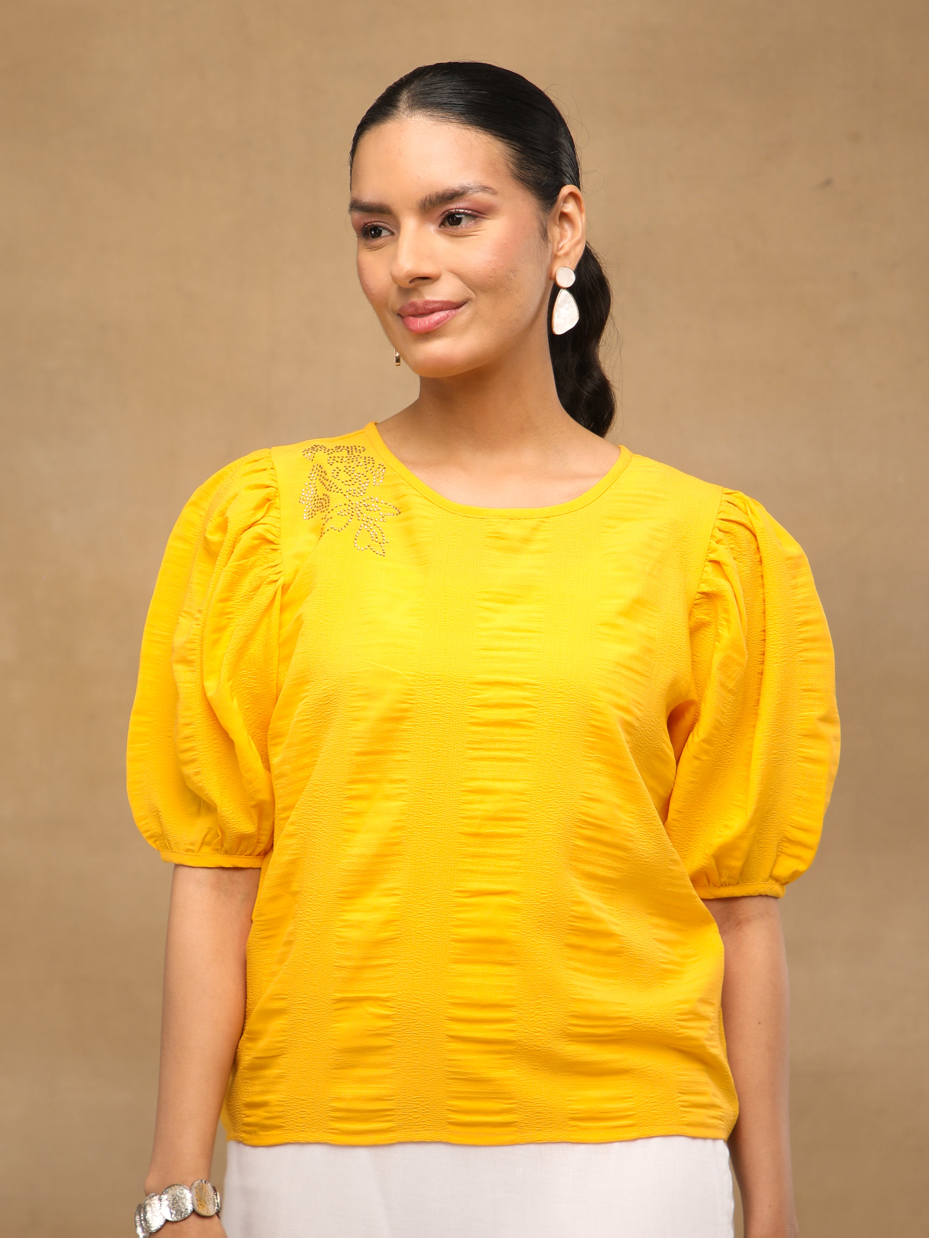 Yellow Swarovski Puff Sleeve Top