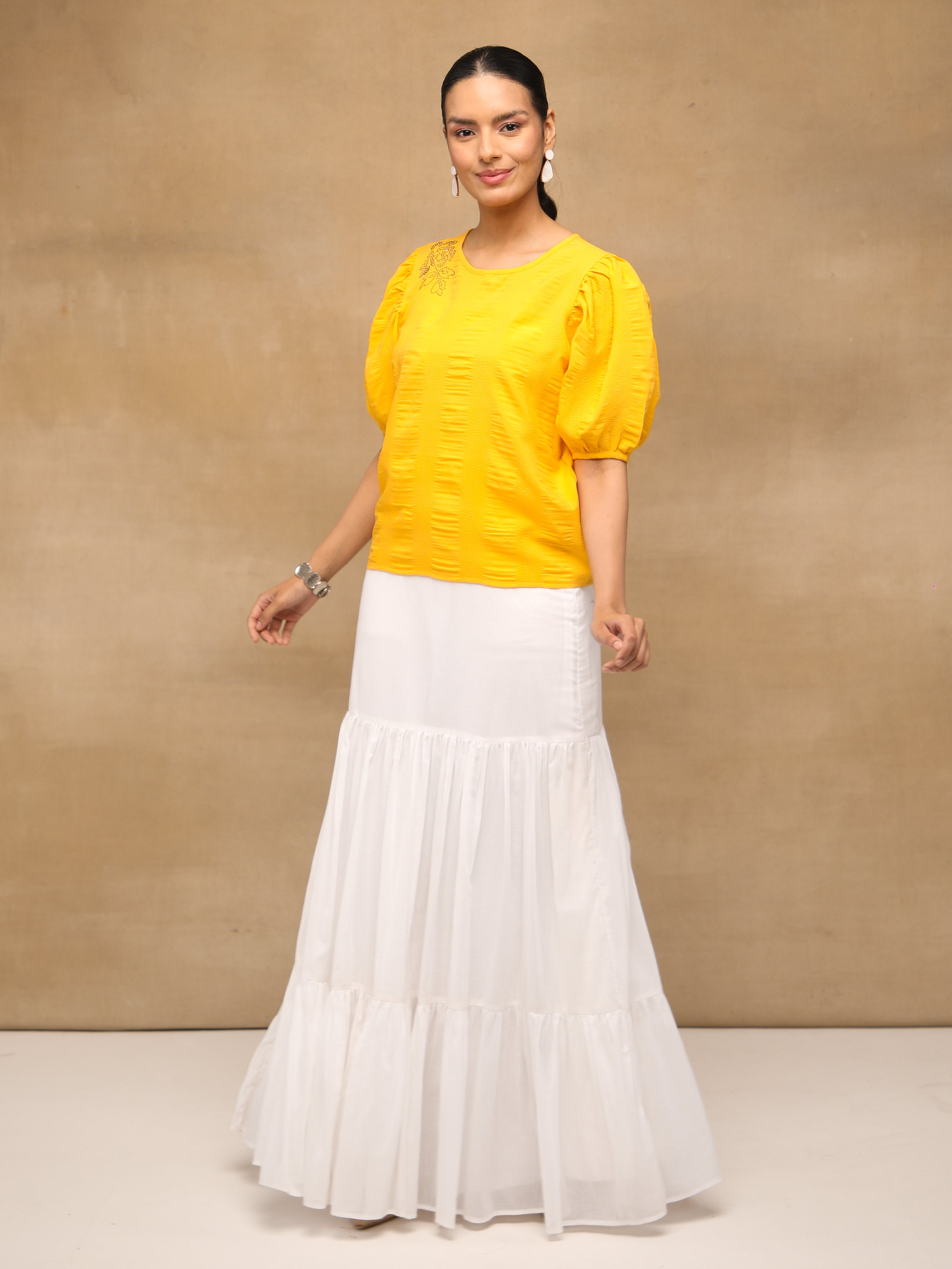 Yellow Swarovski Puff Sleeve Top
