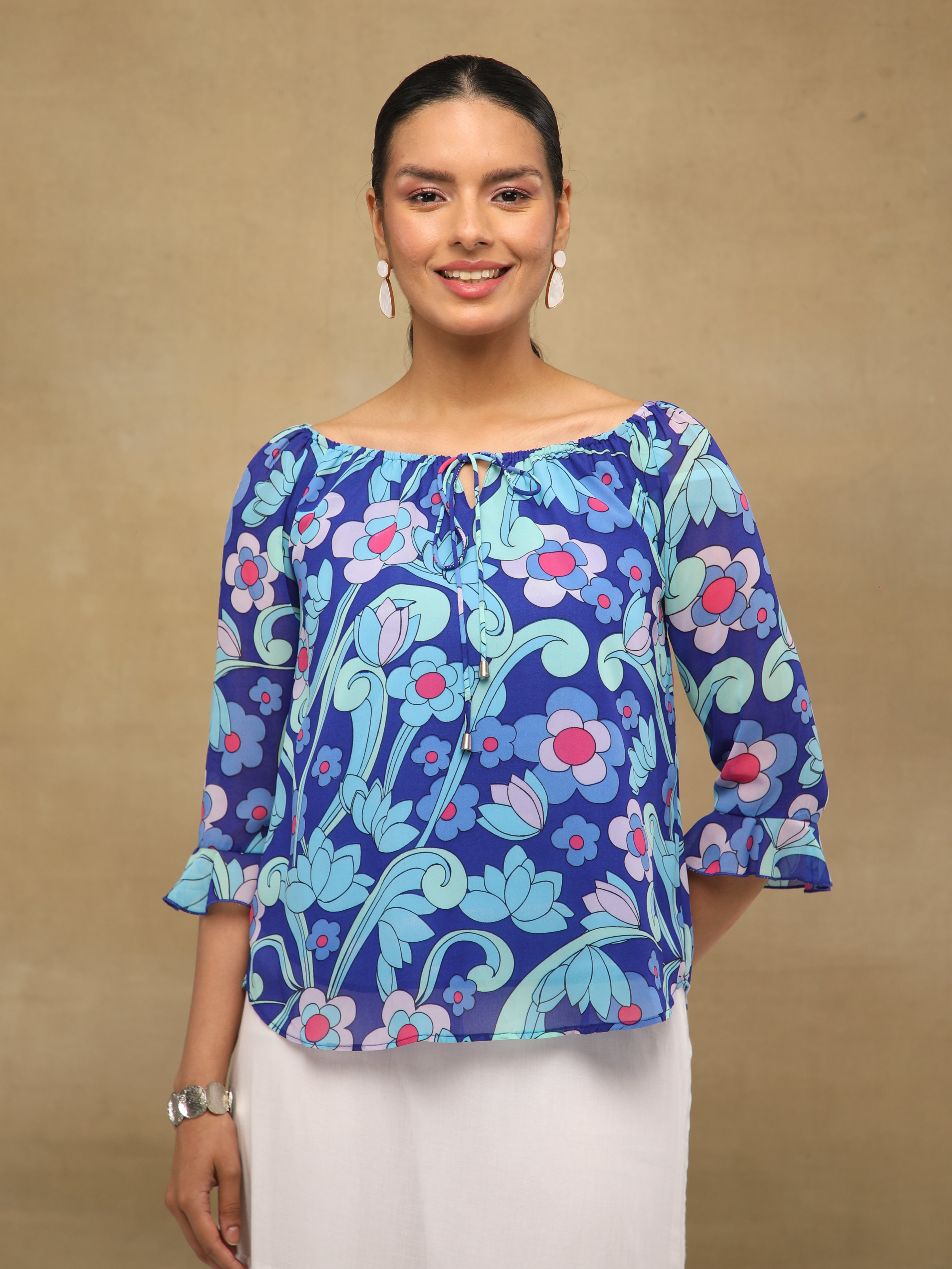 Cobalt Floral Tie-Up Top