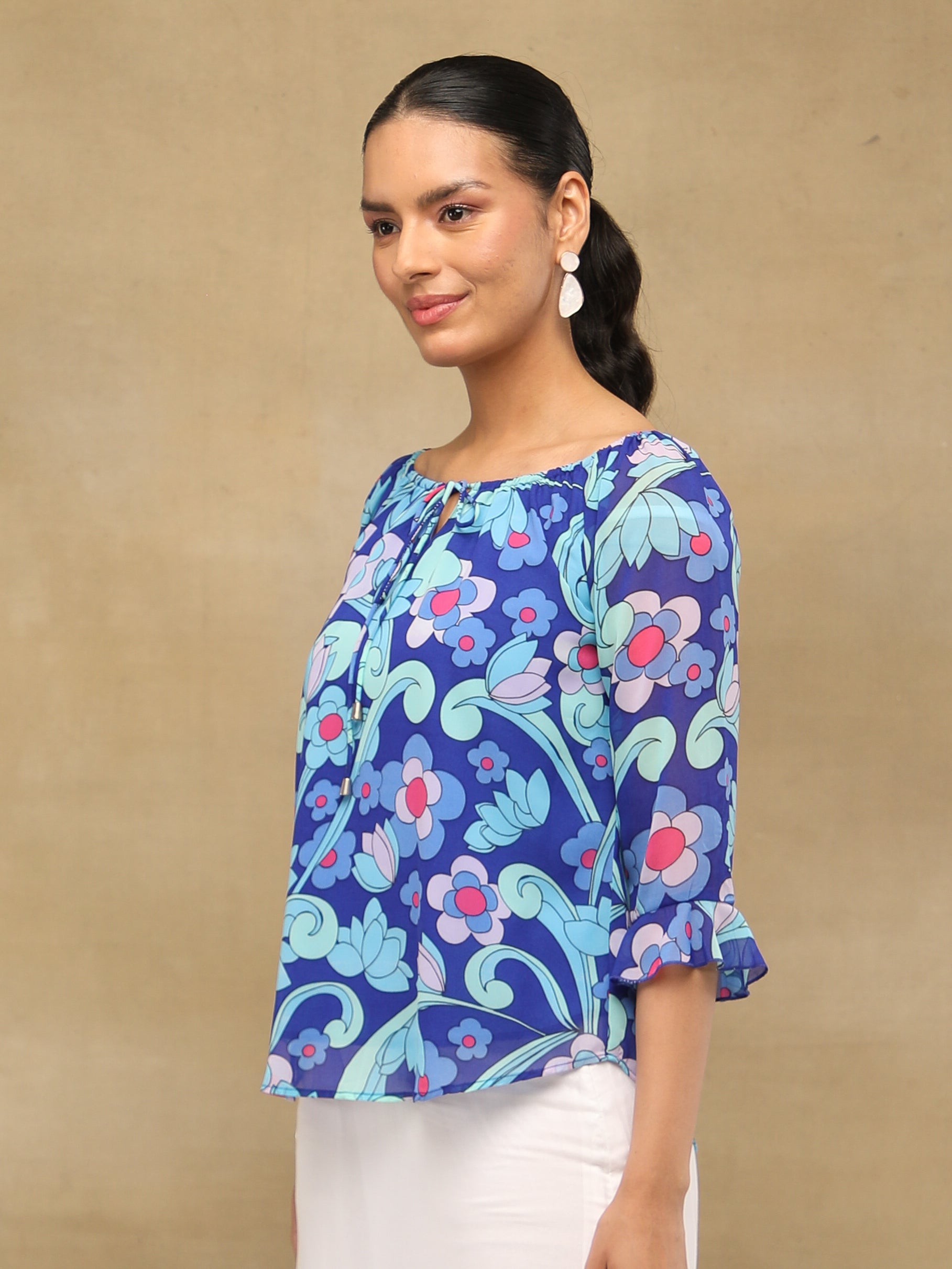 Cobalt Floral Tie-Up Top