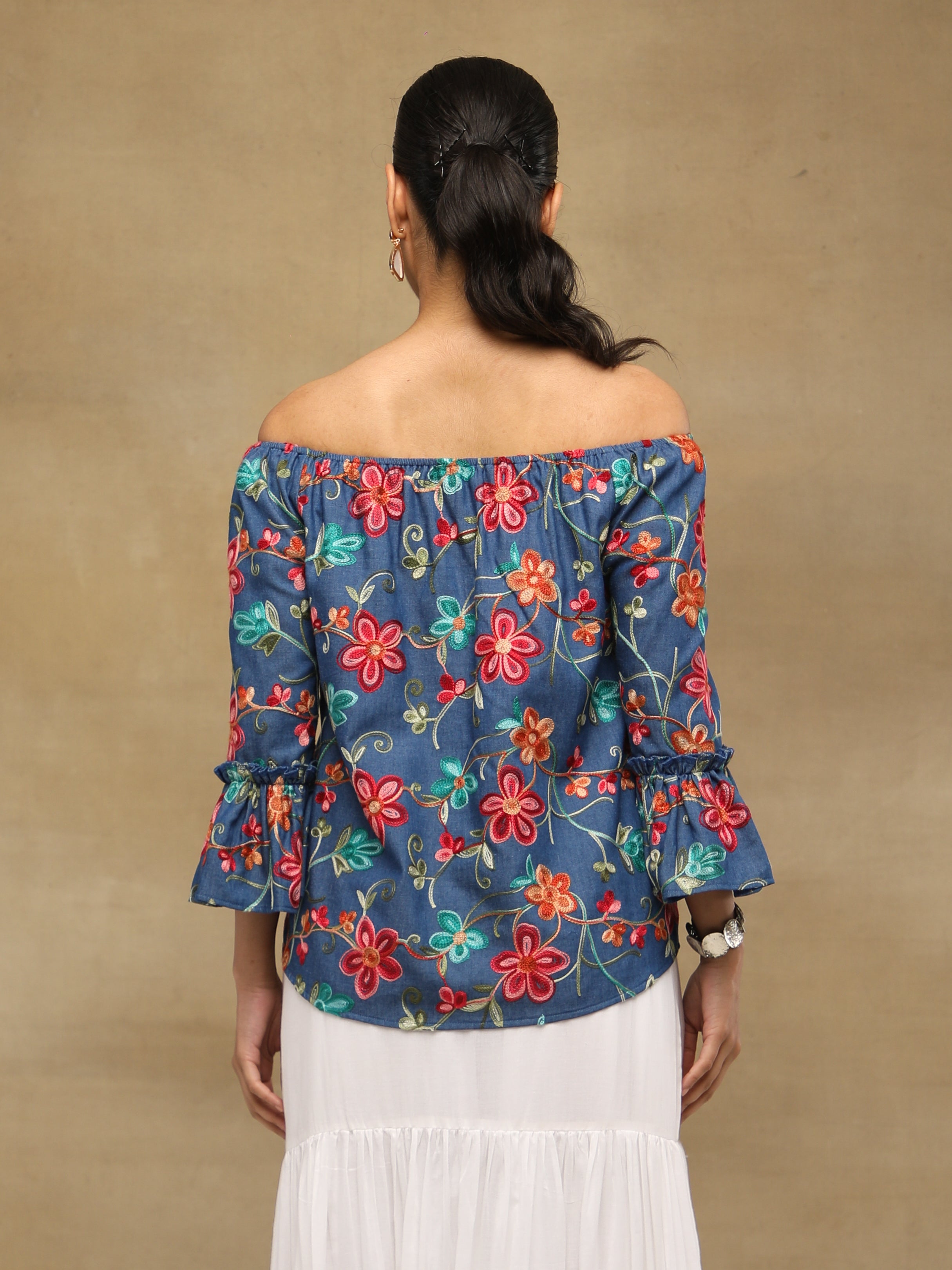 Indigo Embroidered Off-Shoulder Top