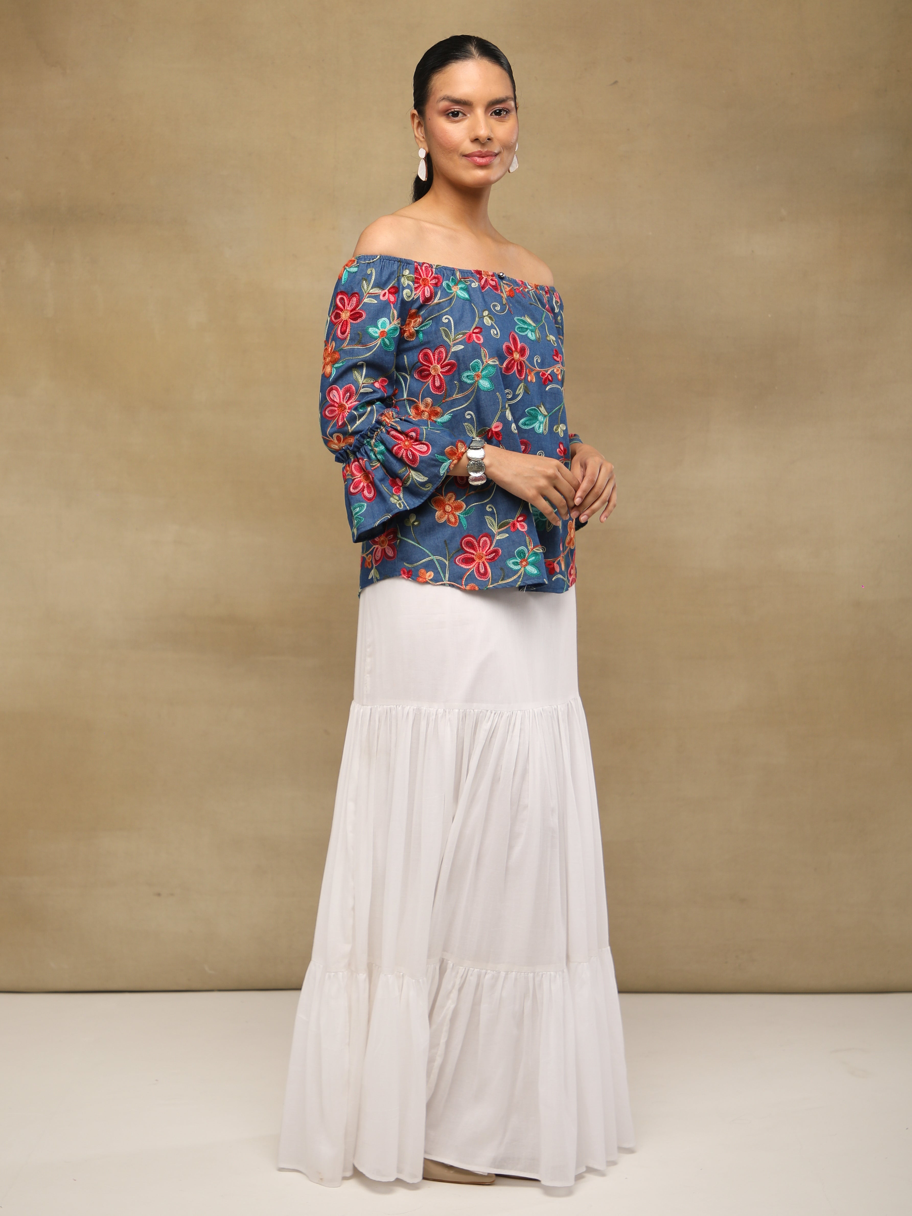 Indigo Embroidered Off-Shoulder Top