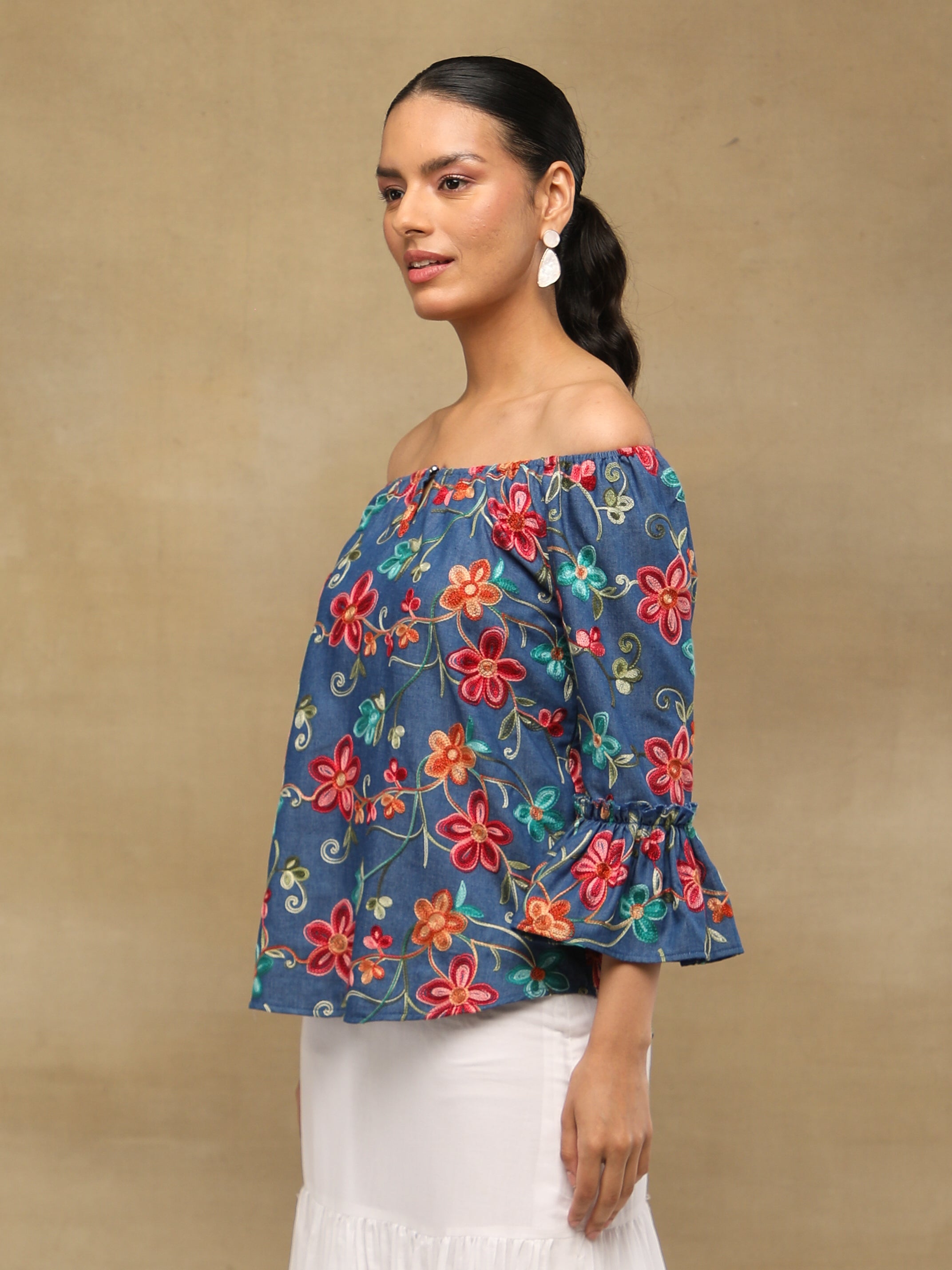Indigo Embroidered Off-Shoulder Top