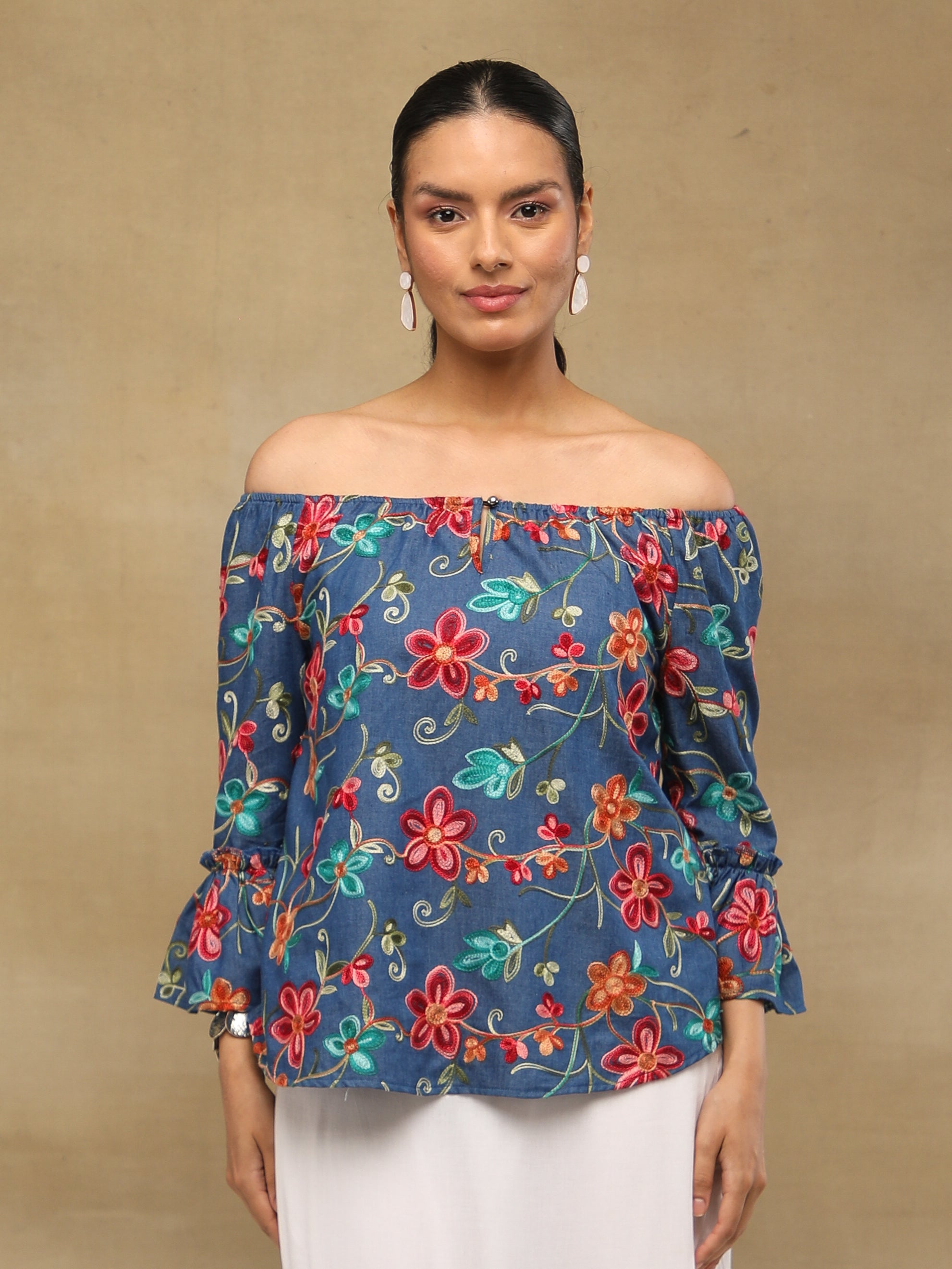 Indigo Embroidered Off-Shoulder Top