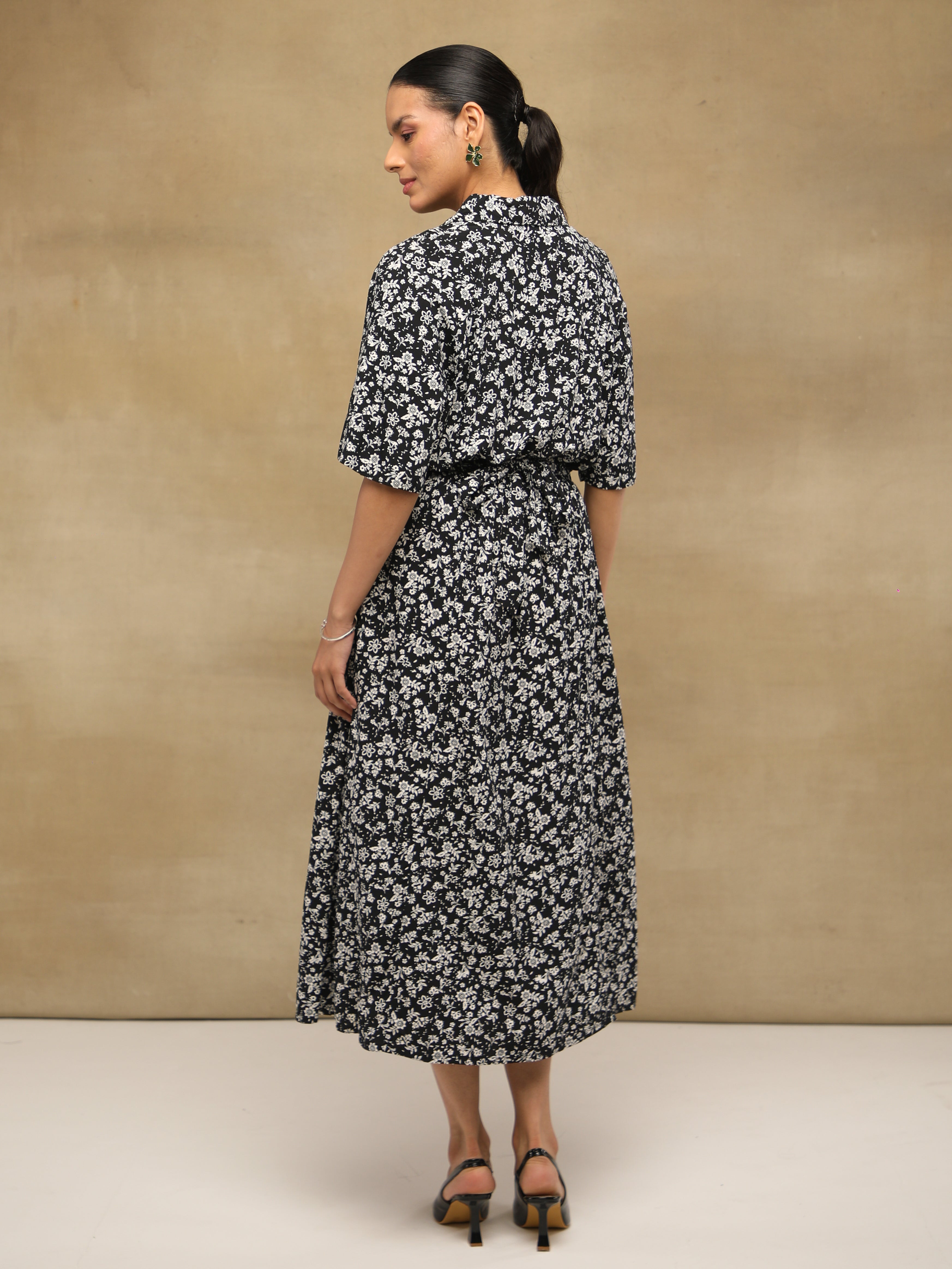Monochrome Floral Shirt Midi Dress