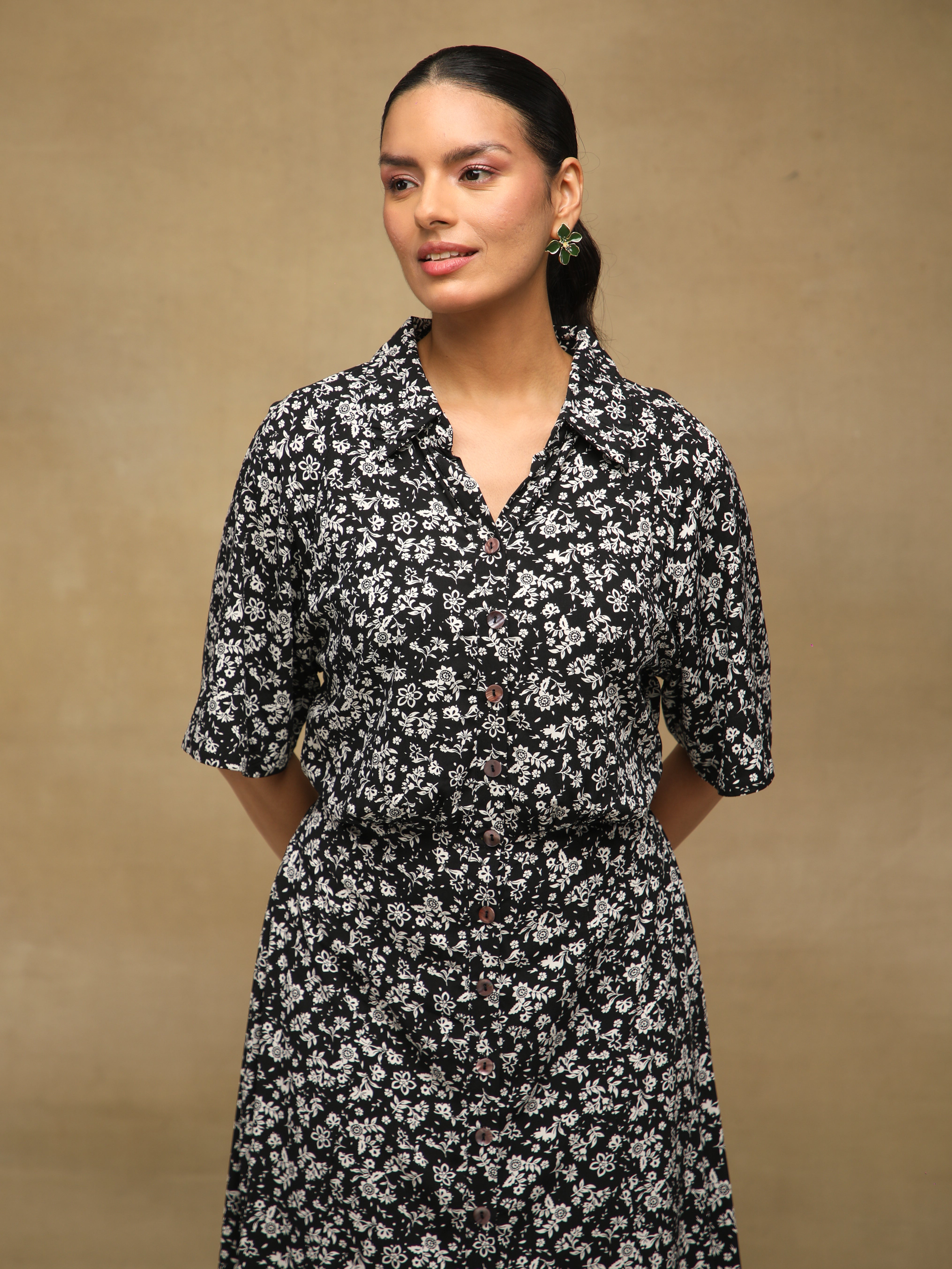 Monochrome Floral Shirt Midi Dress