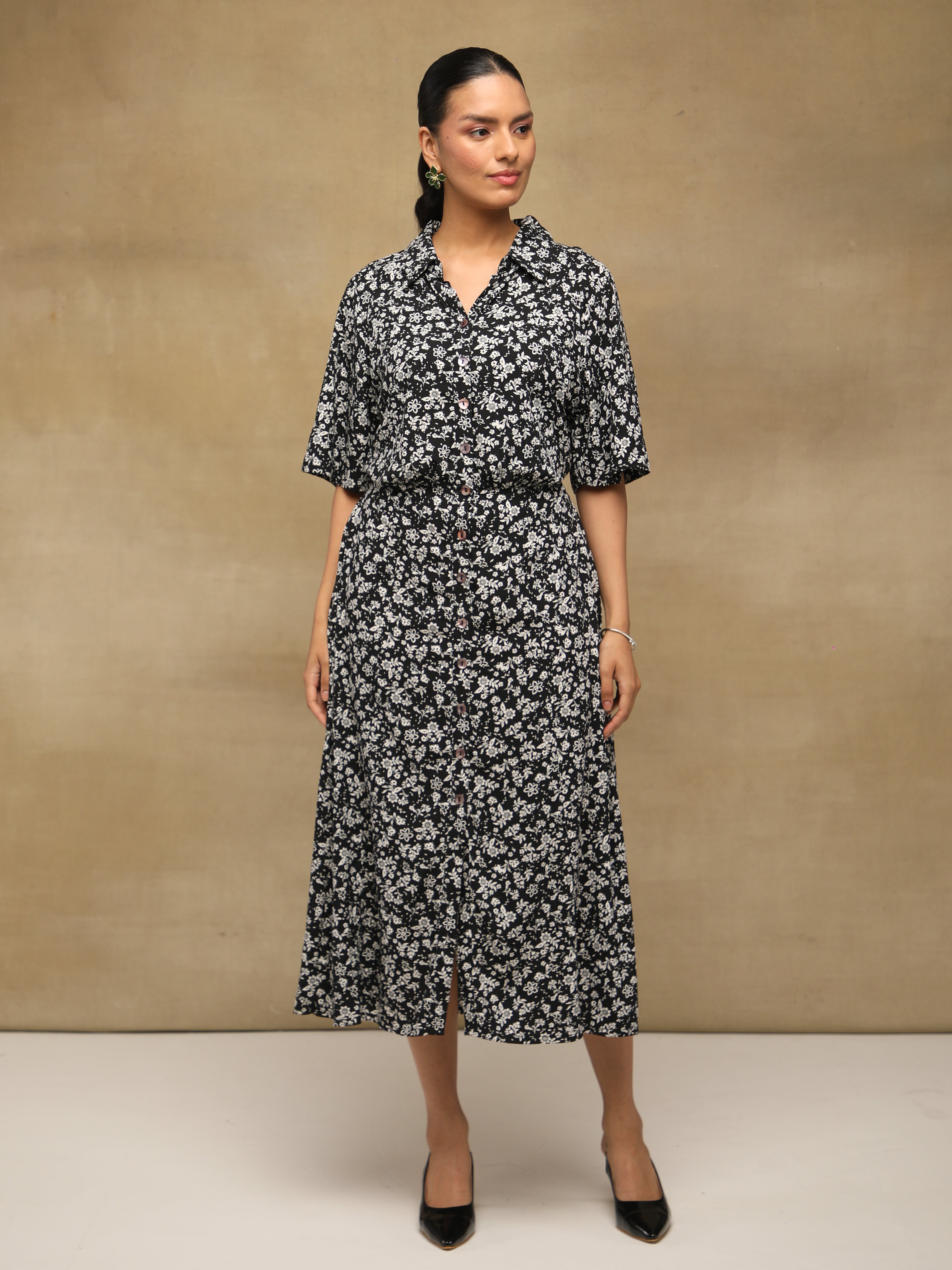 Monochrome Floral Shirt Midi Dress