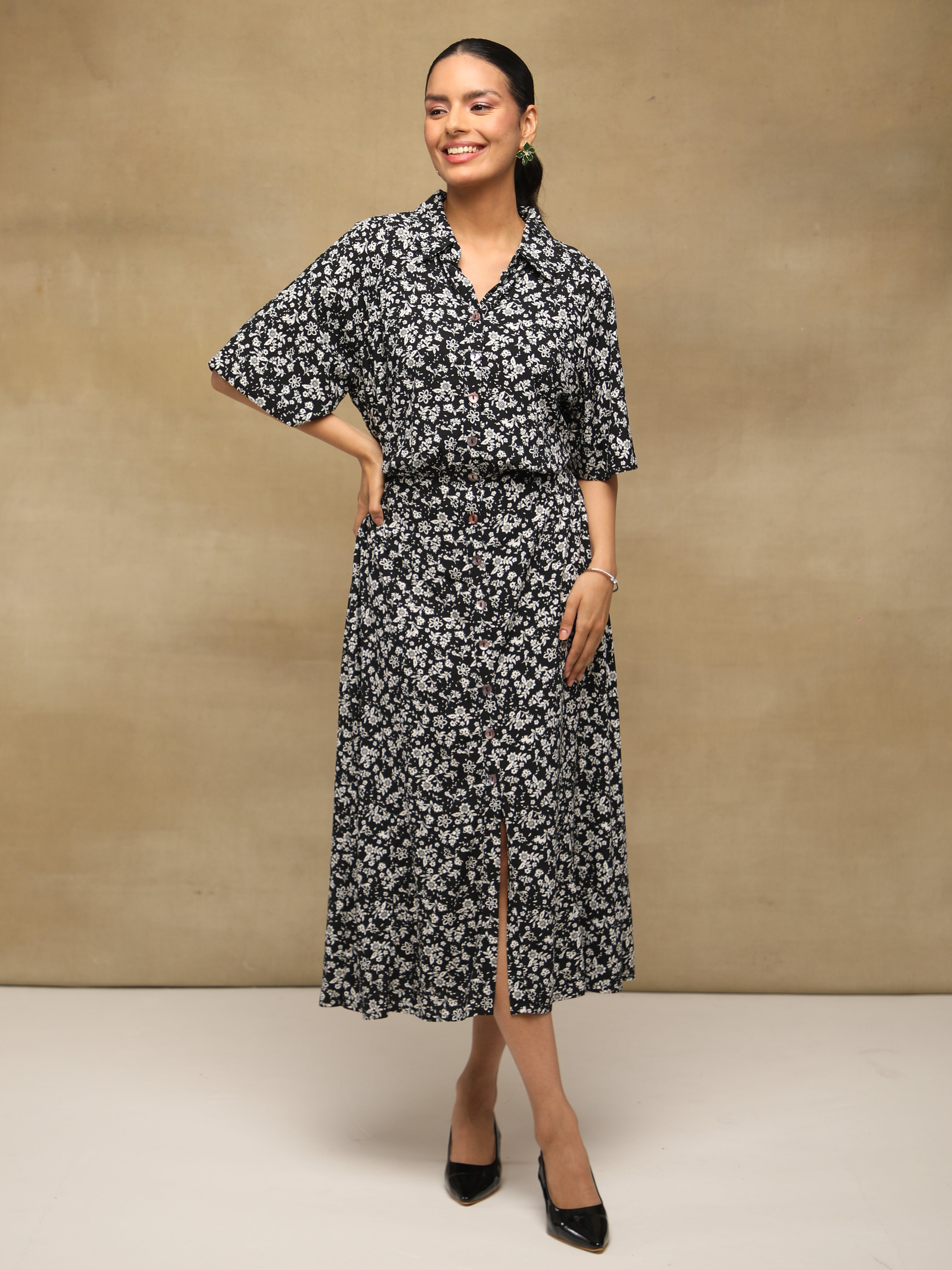 Monochrome Floral Shirt Midi Dress