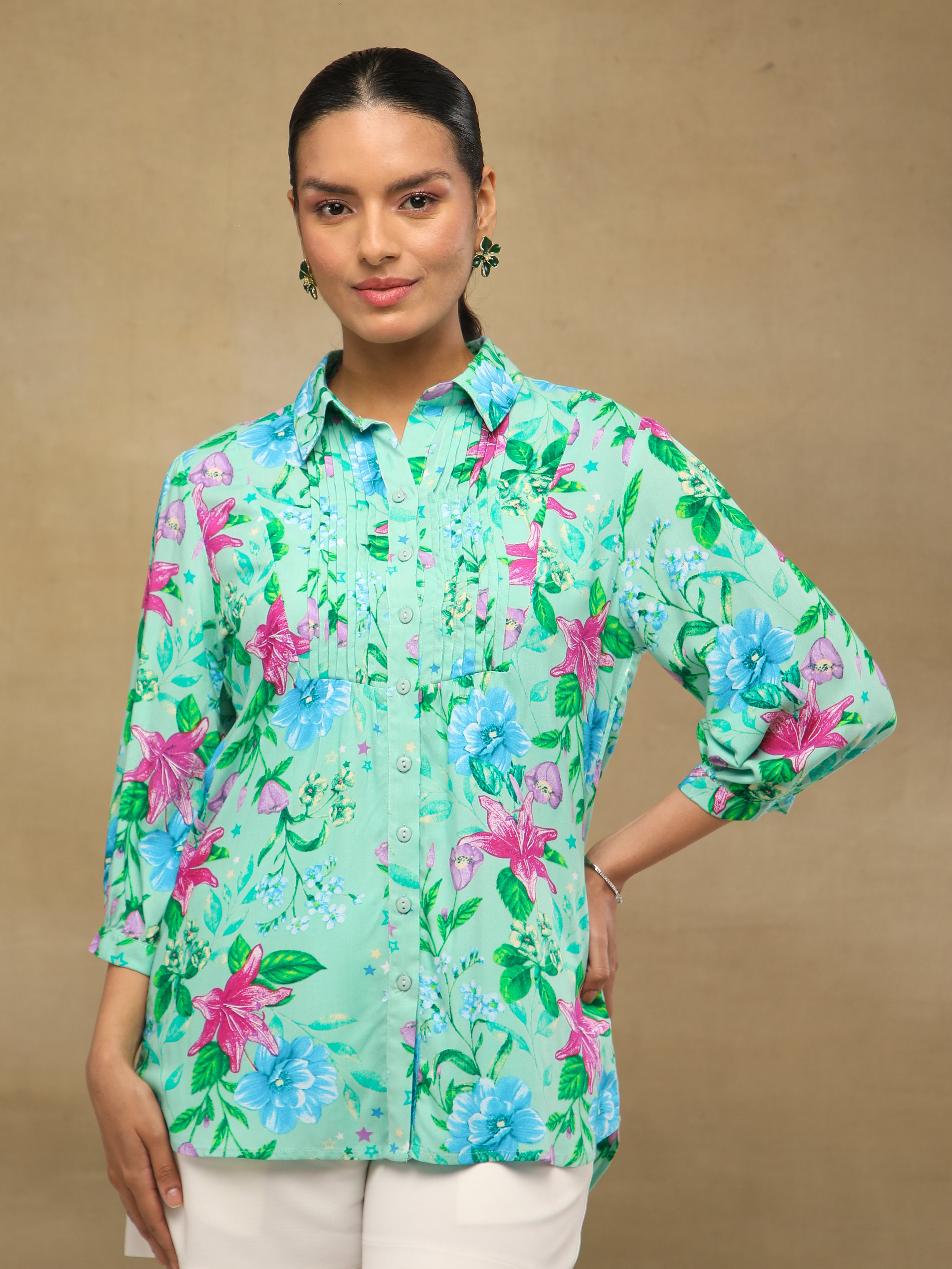 Floral Pintuck Mint Shirt