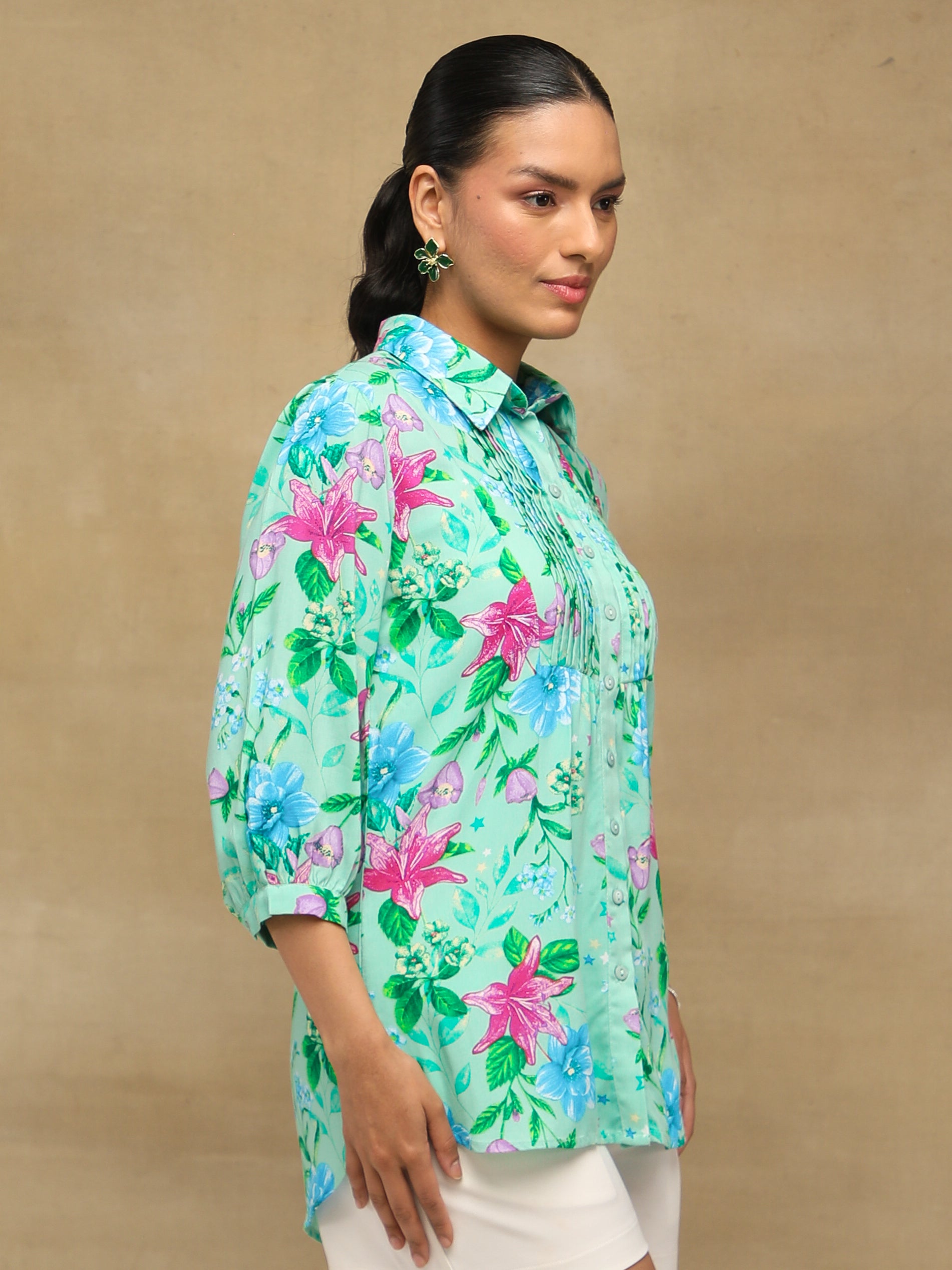 Floral Pintuck Mint Shirt