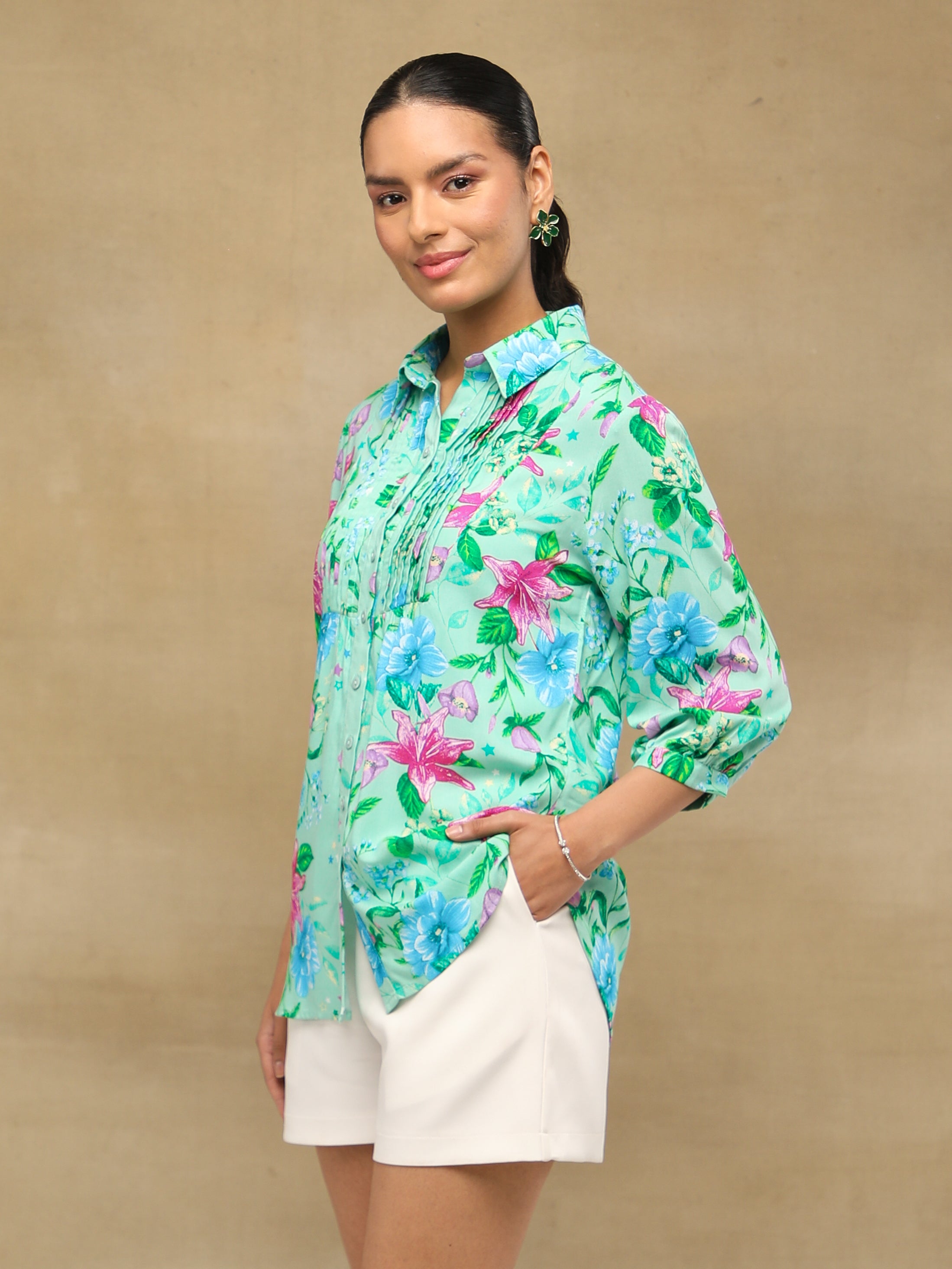 Floral Pintuck Mint Shirt