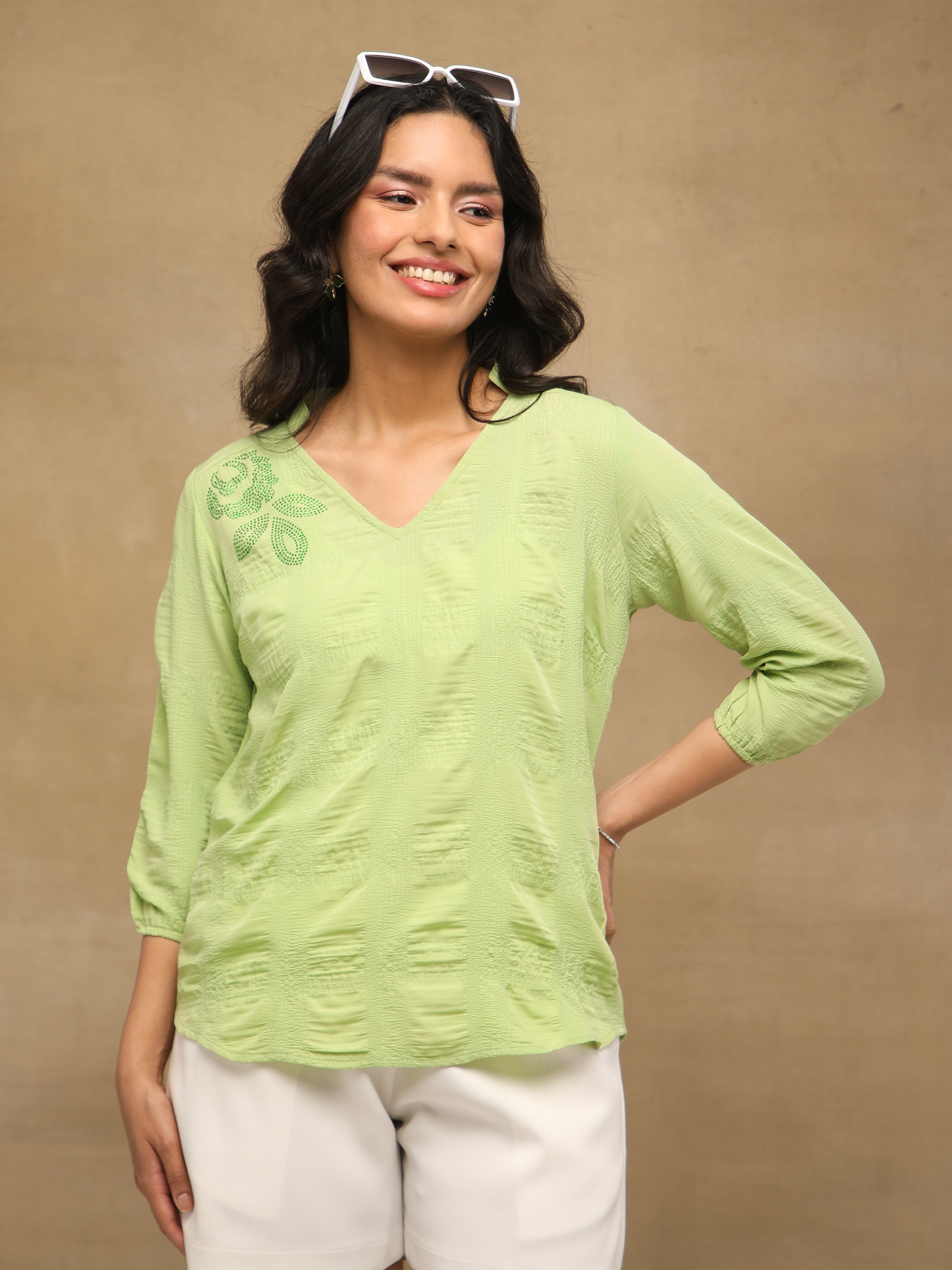 Textured Swarovski Green Top