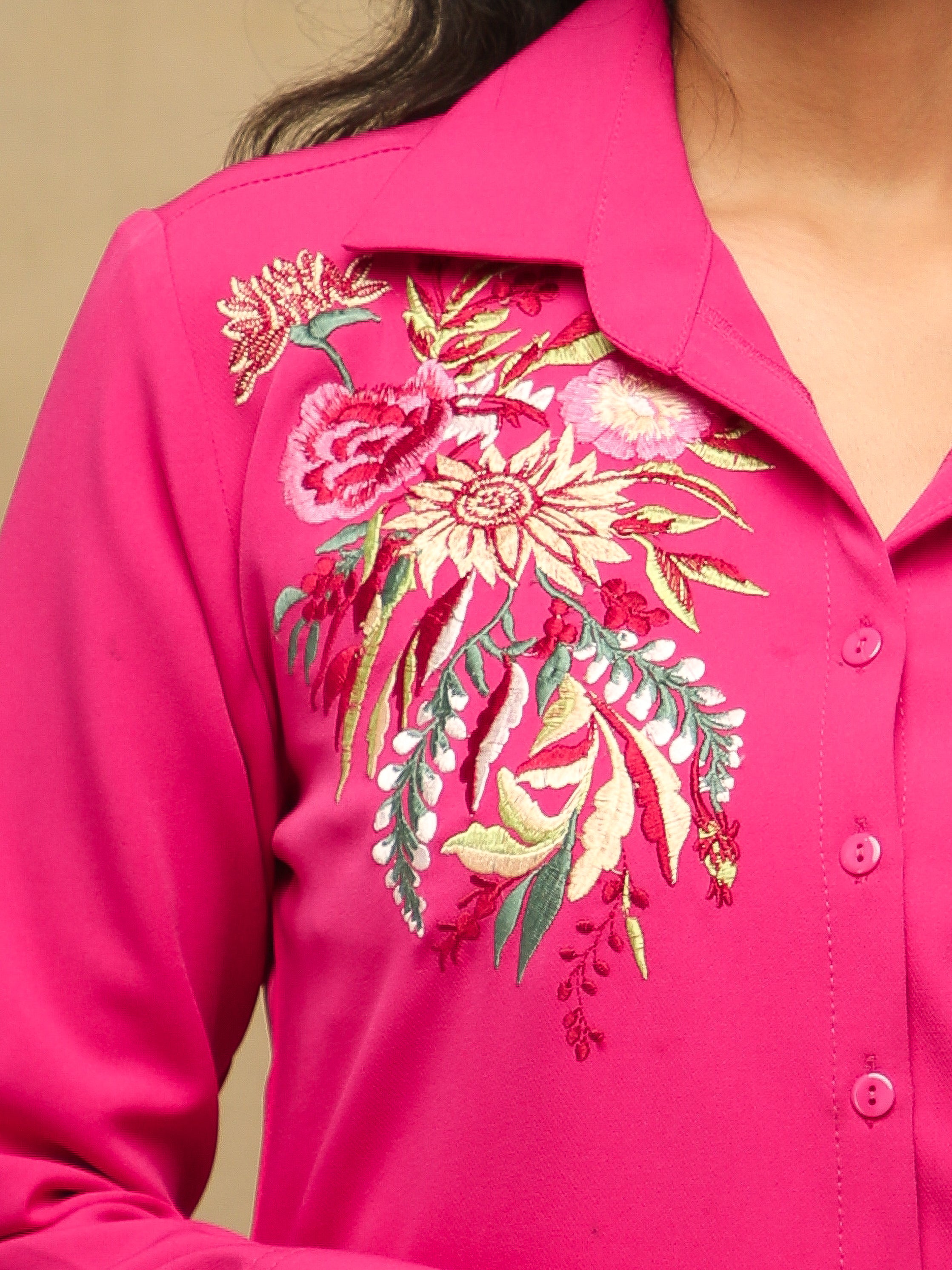 Floral Embroidery Magenta Shirt