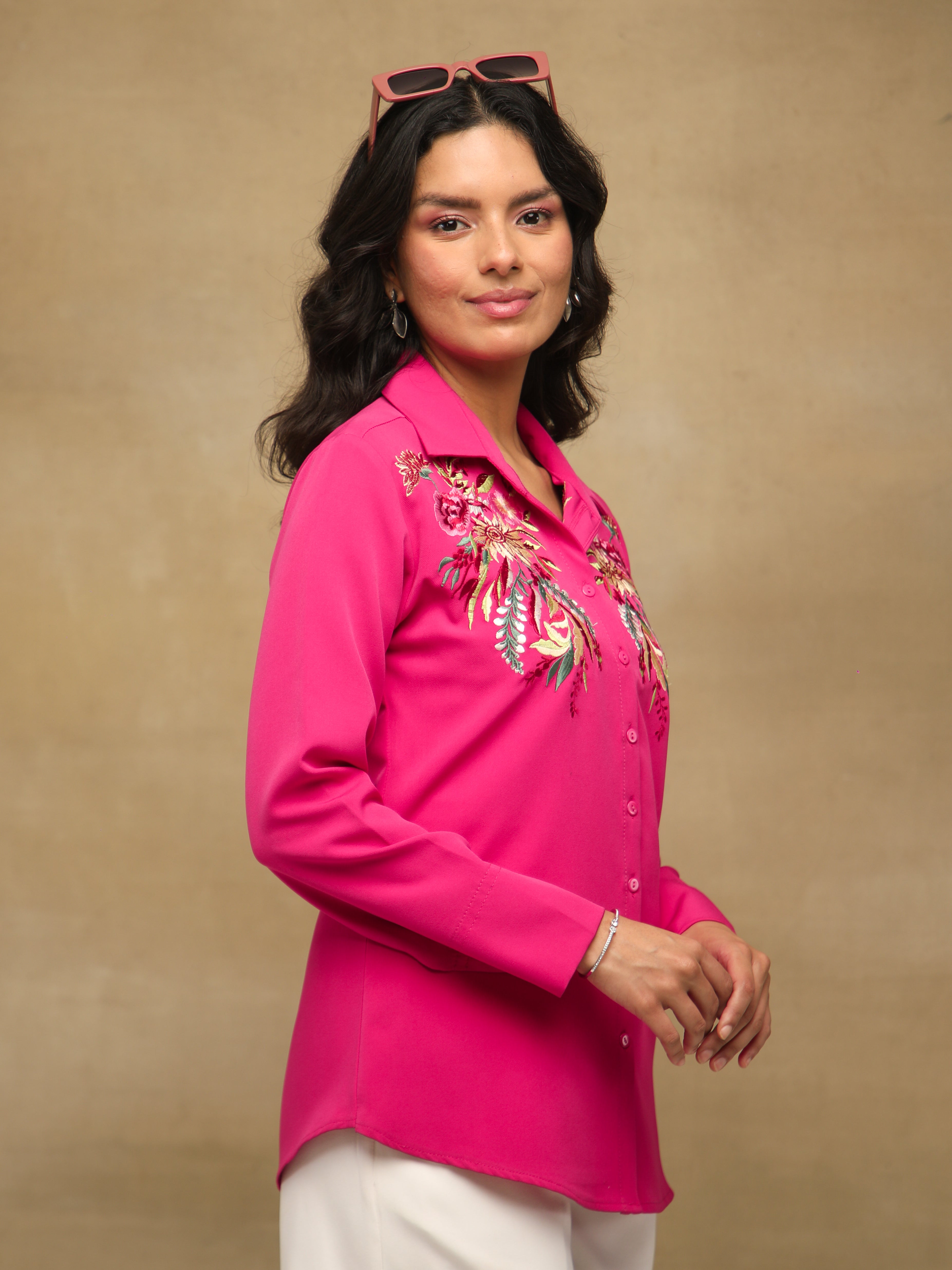 Floral Embroidery Magenta Shirt