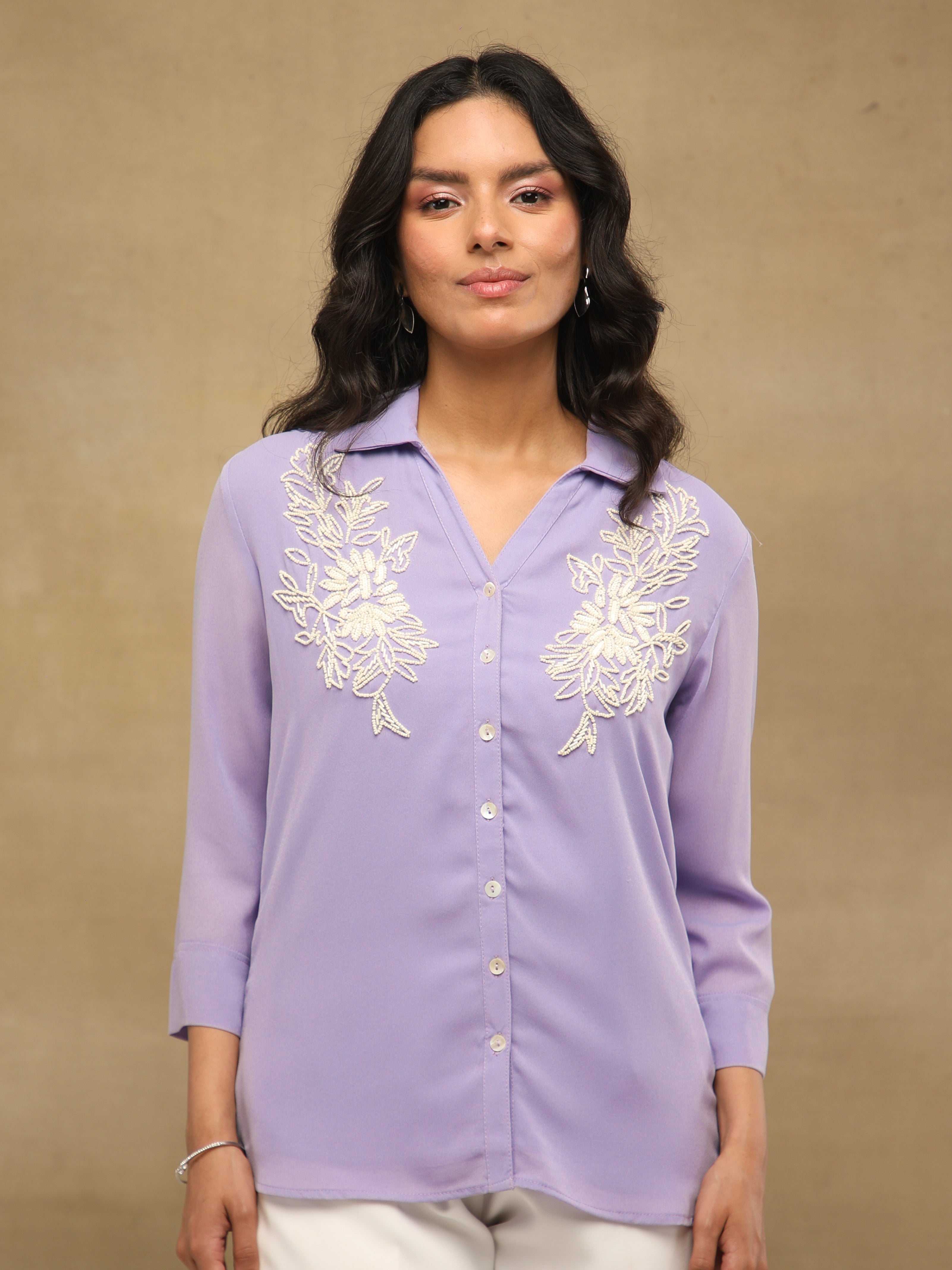 White Bead Embellished Lilac Shirt