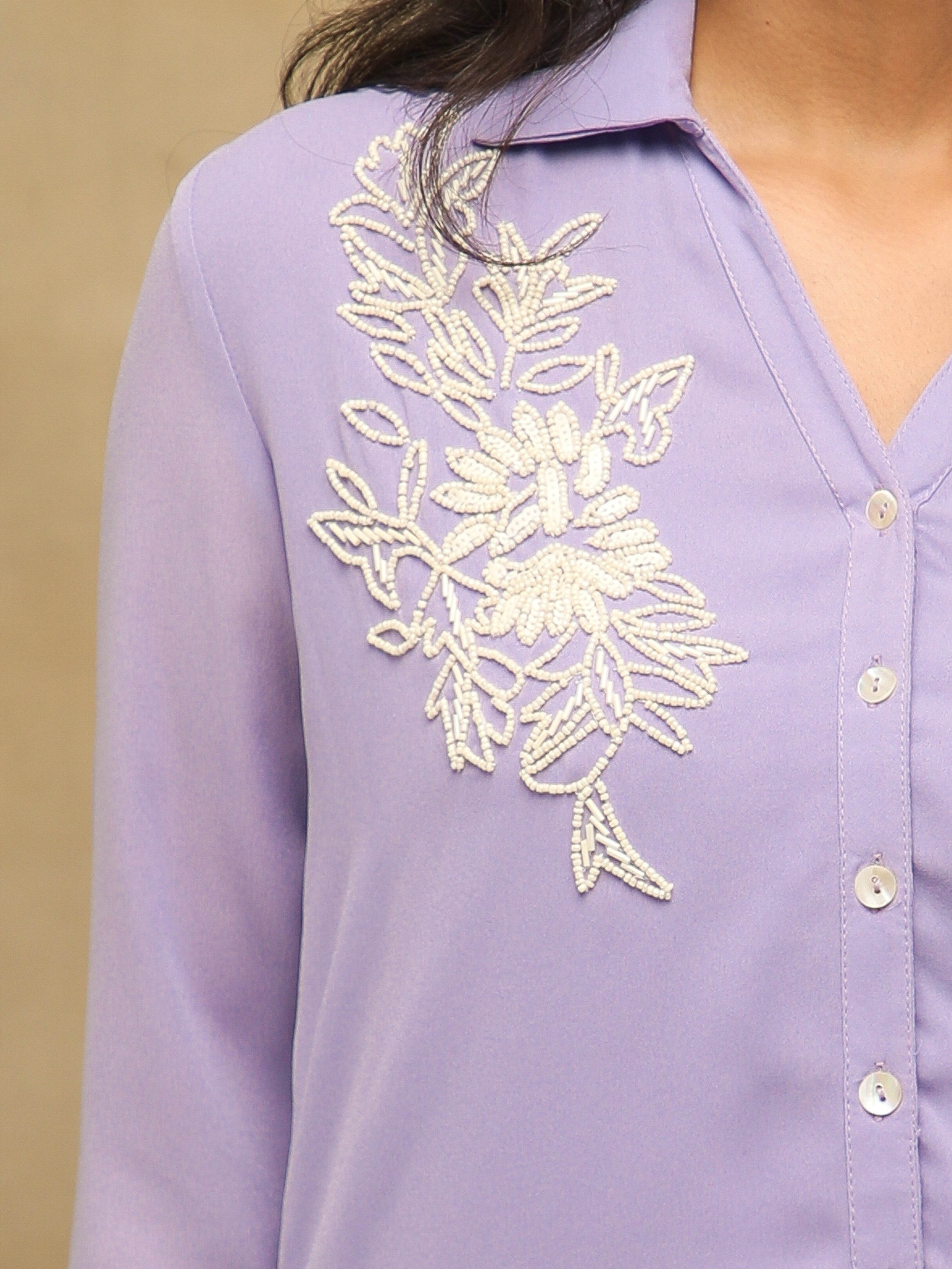 White Bead Embellished Lilac Shirt
