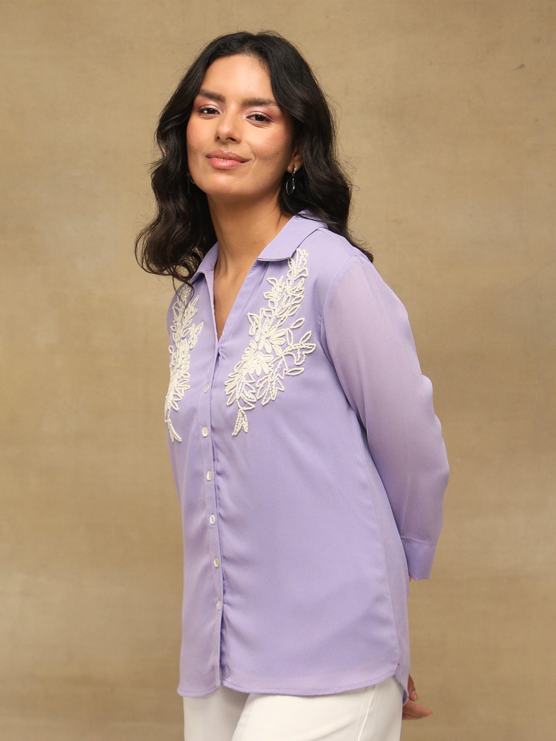 White Bead Embellished Lilac Shirt