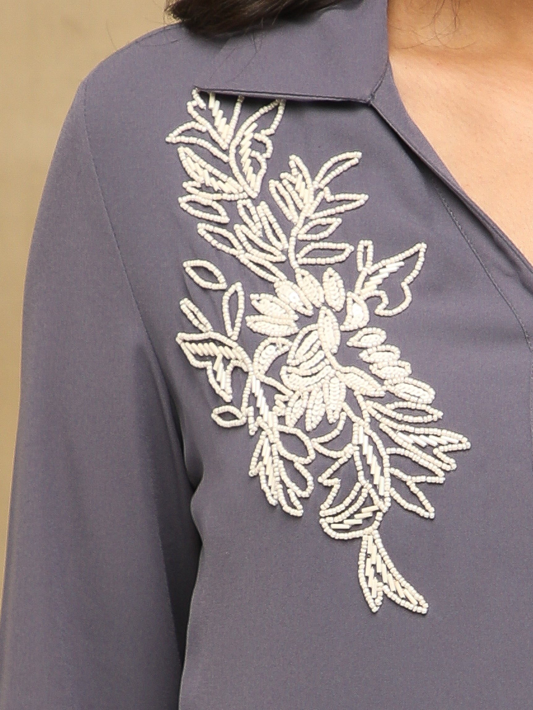 White Bead Embellished Grey Shirt