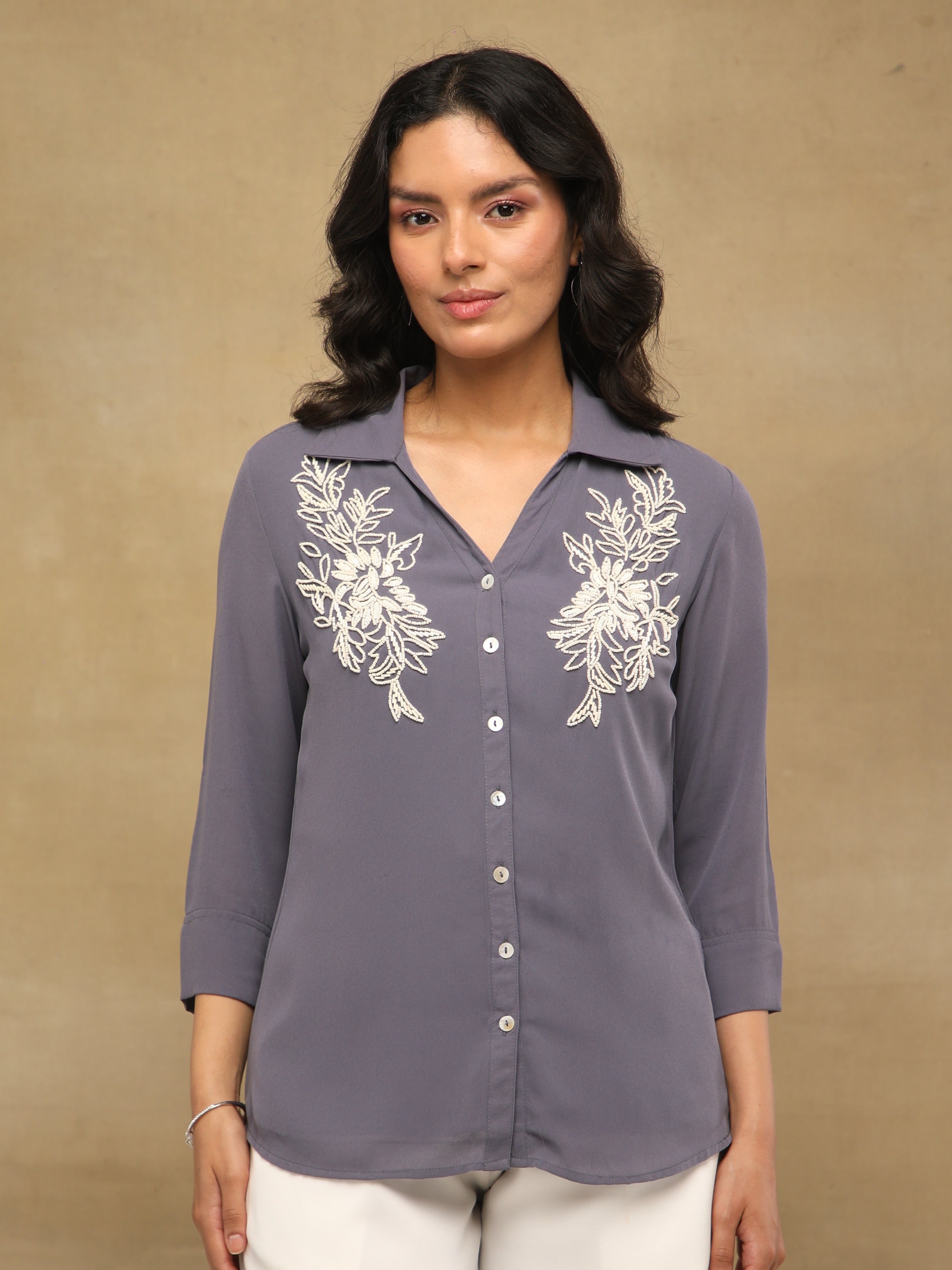 White Bead Embellished Grey Shirt