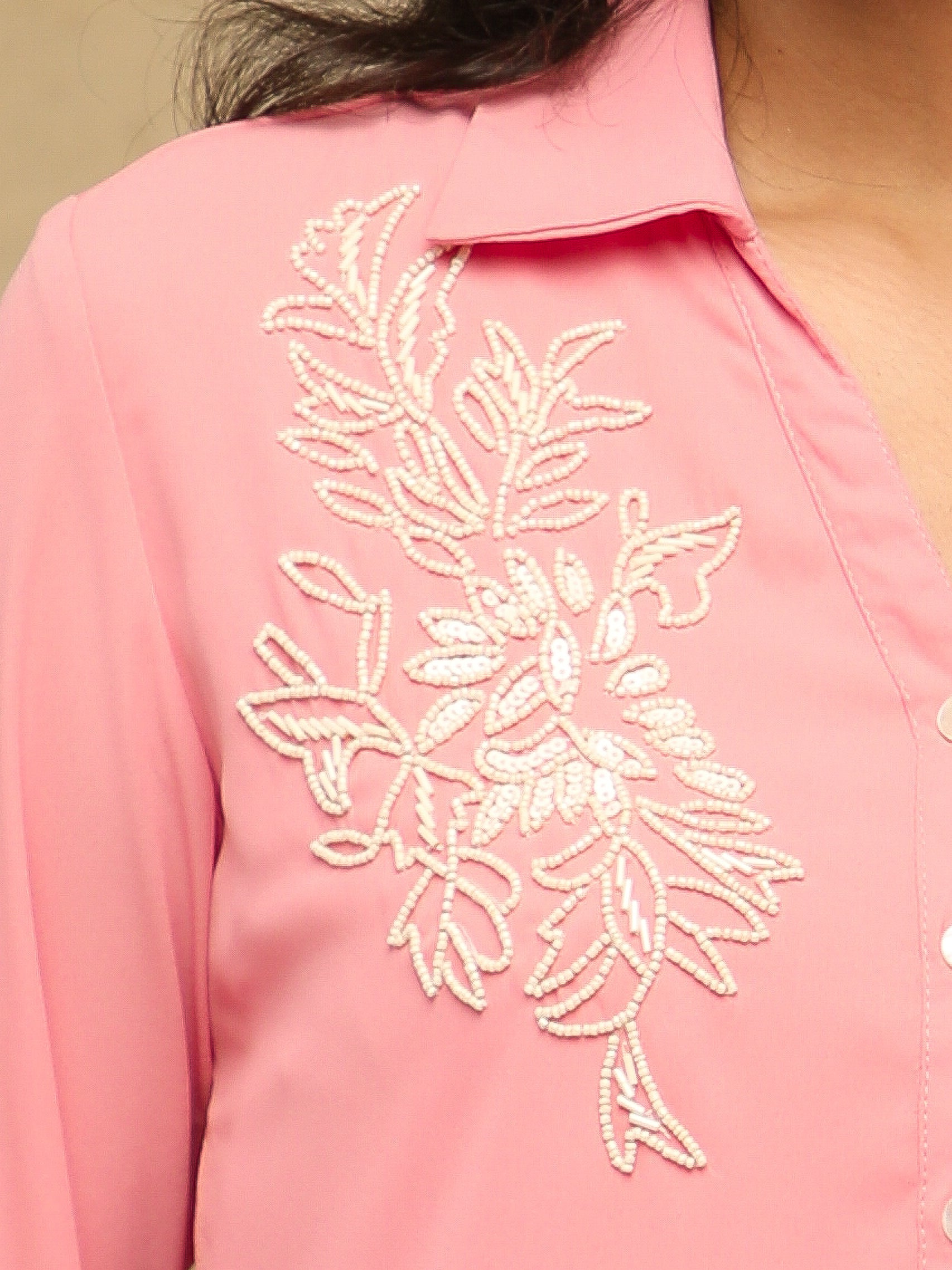 White Bead Embellished Light Pink Shirt