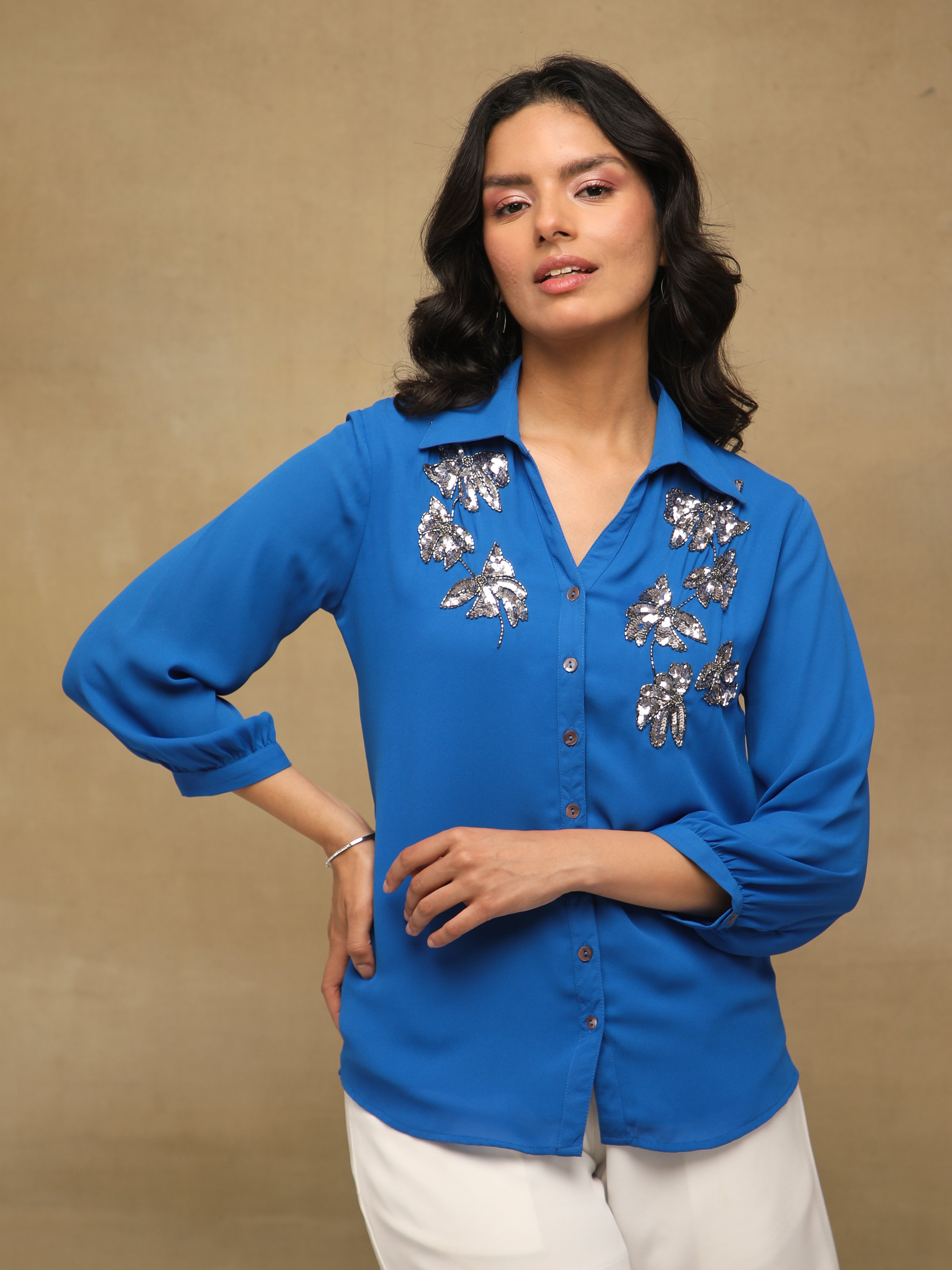 Butterfly Sequins Blue Shirt