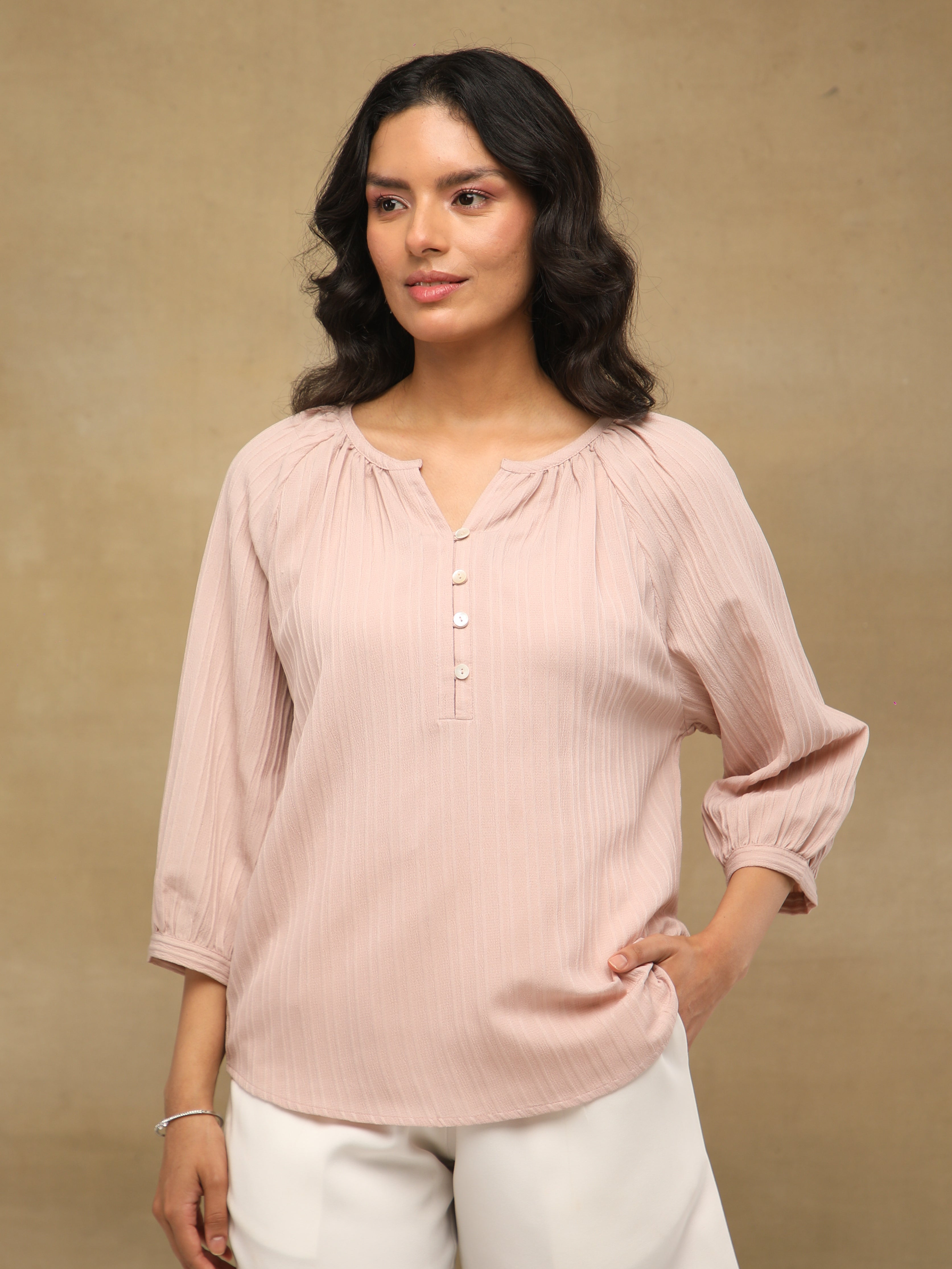 Self Stripe Textured Dusty Pink Top