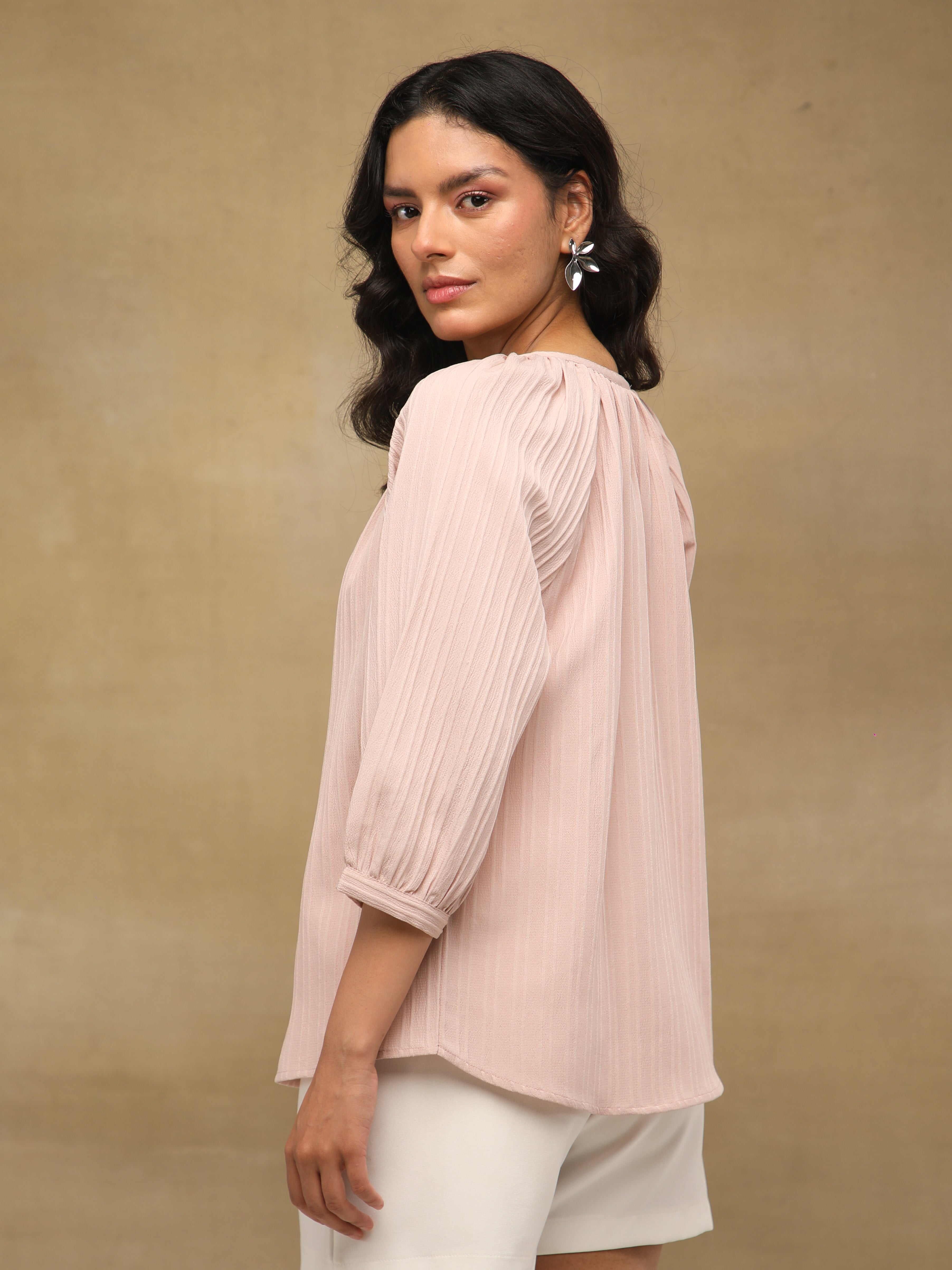 Self Stripe Textured Dusty Pink Top