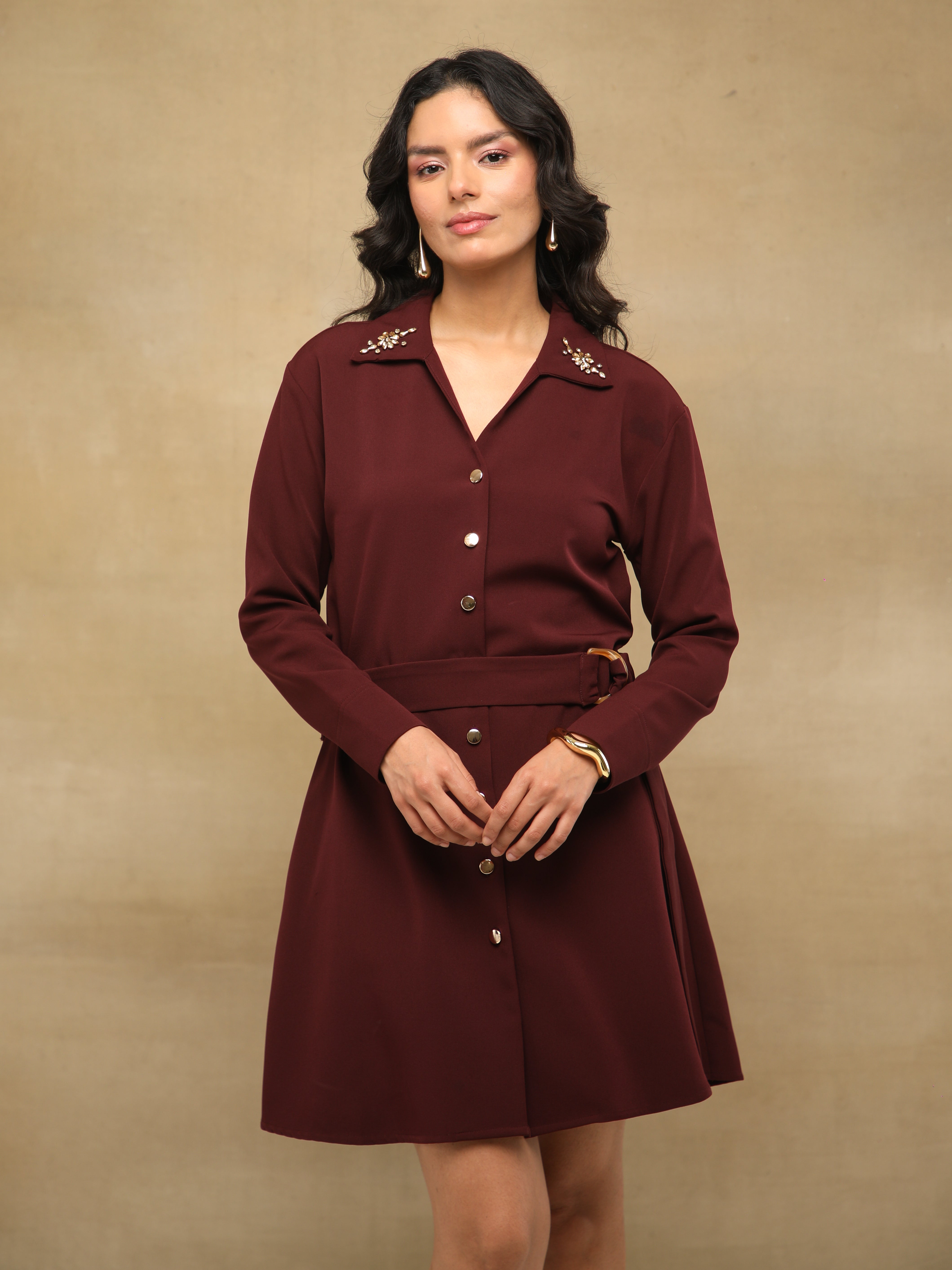 Rhinestone Maroon Dress With Belt