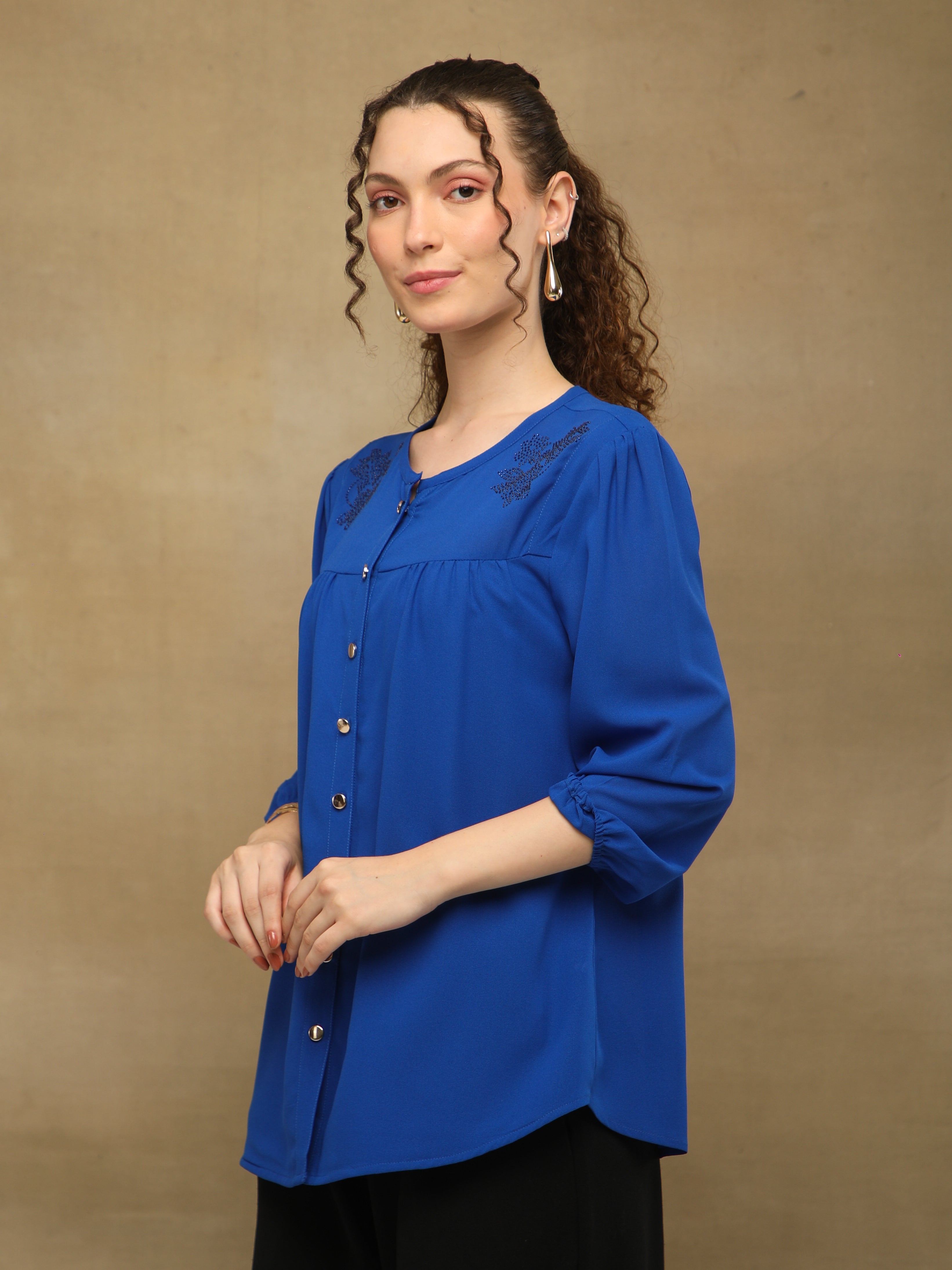 Swarovski Round Neck Blue Top