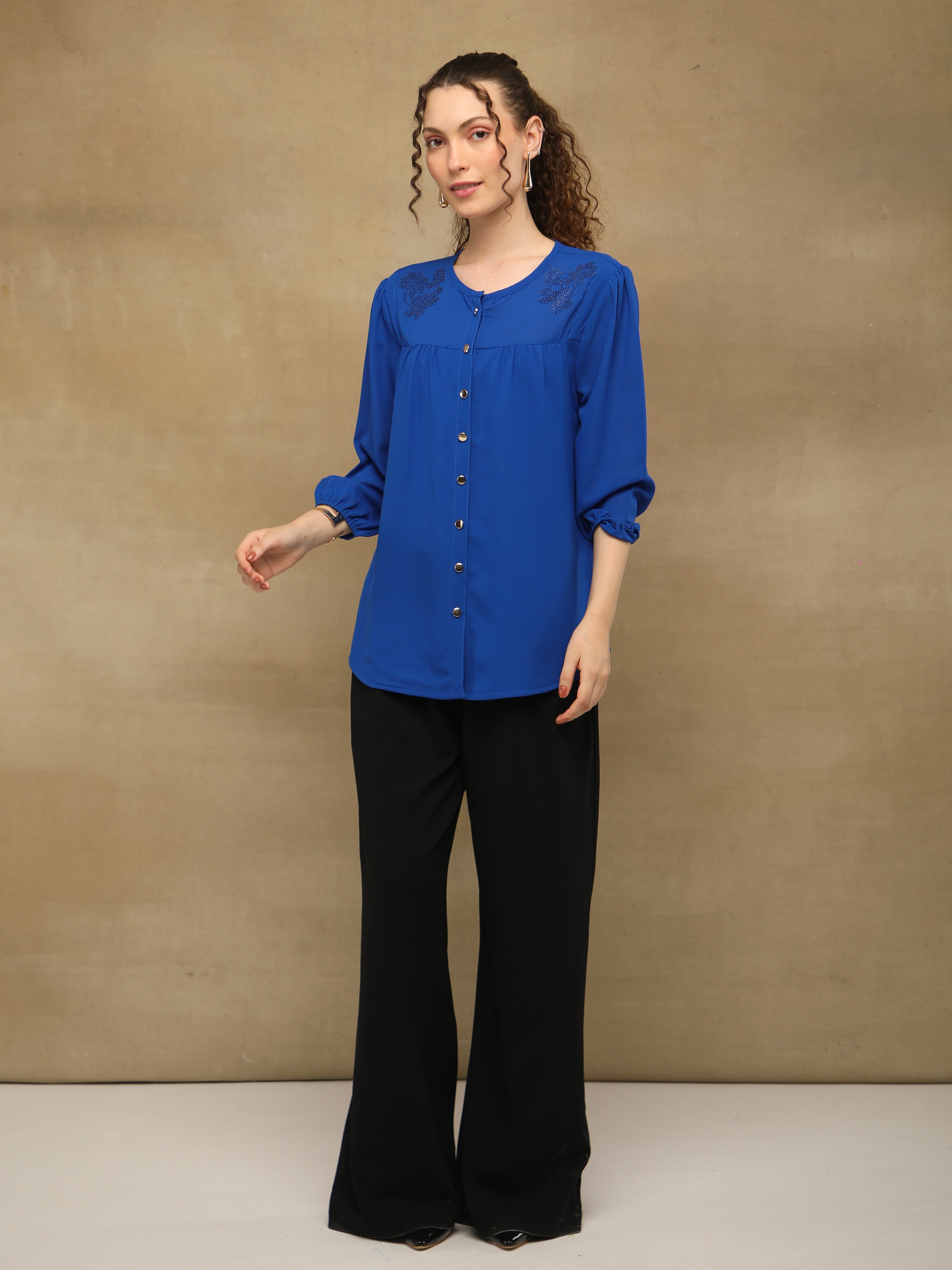Swarovski Round Neck Blue Top
