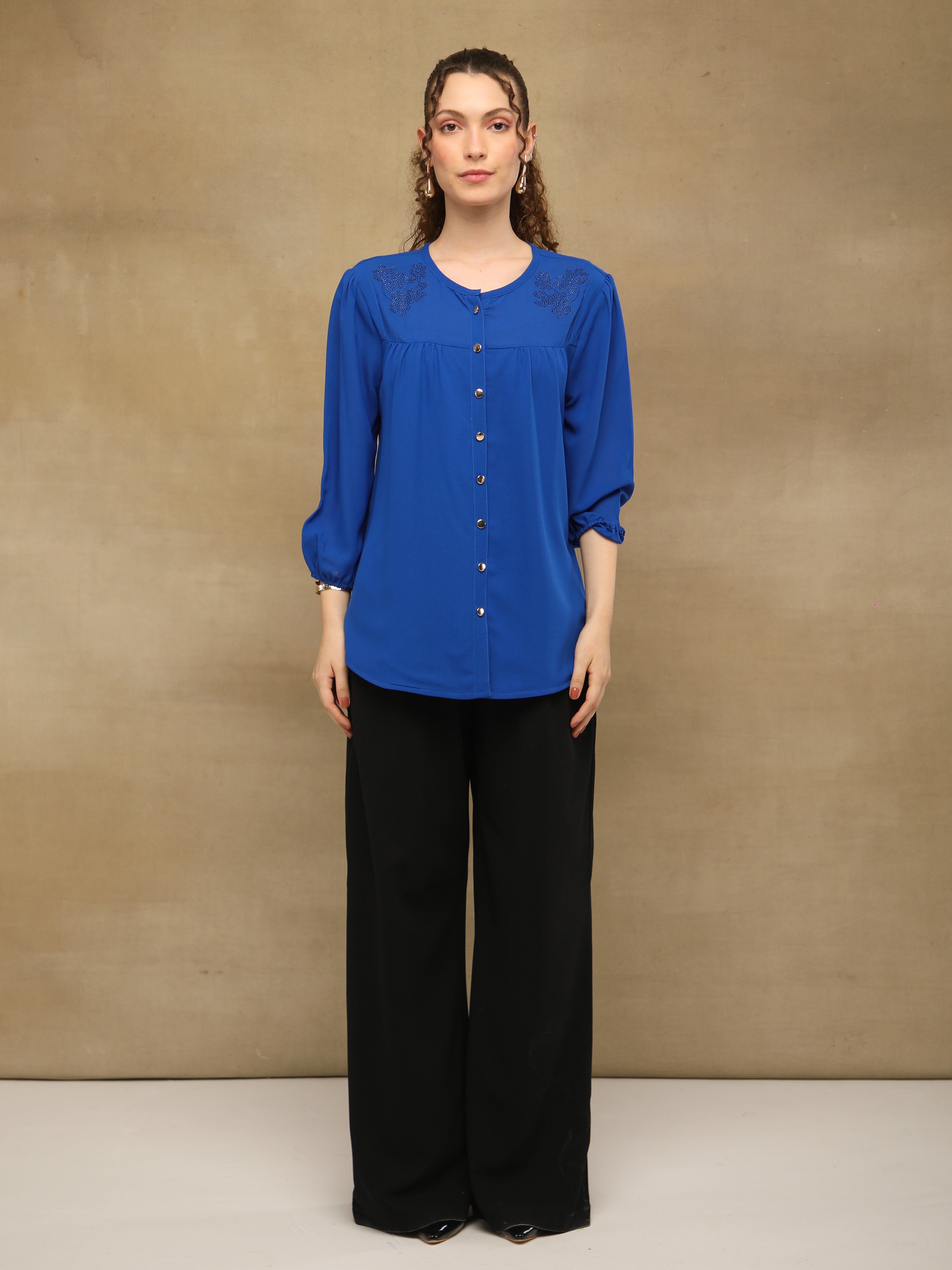Swarovski Round Neck Blue Top