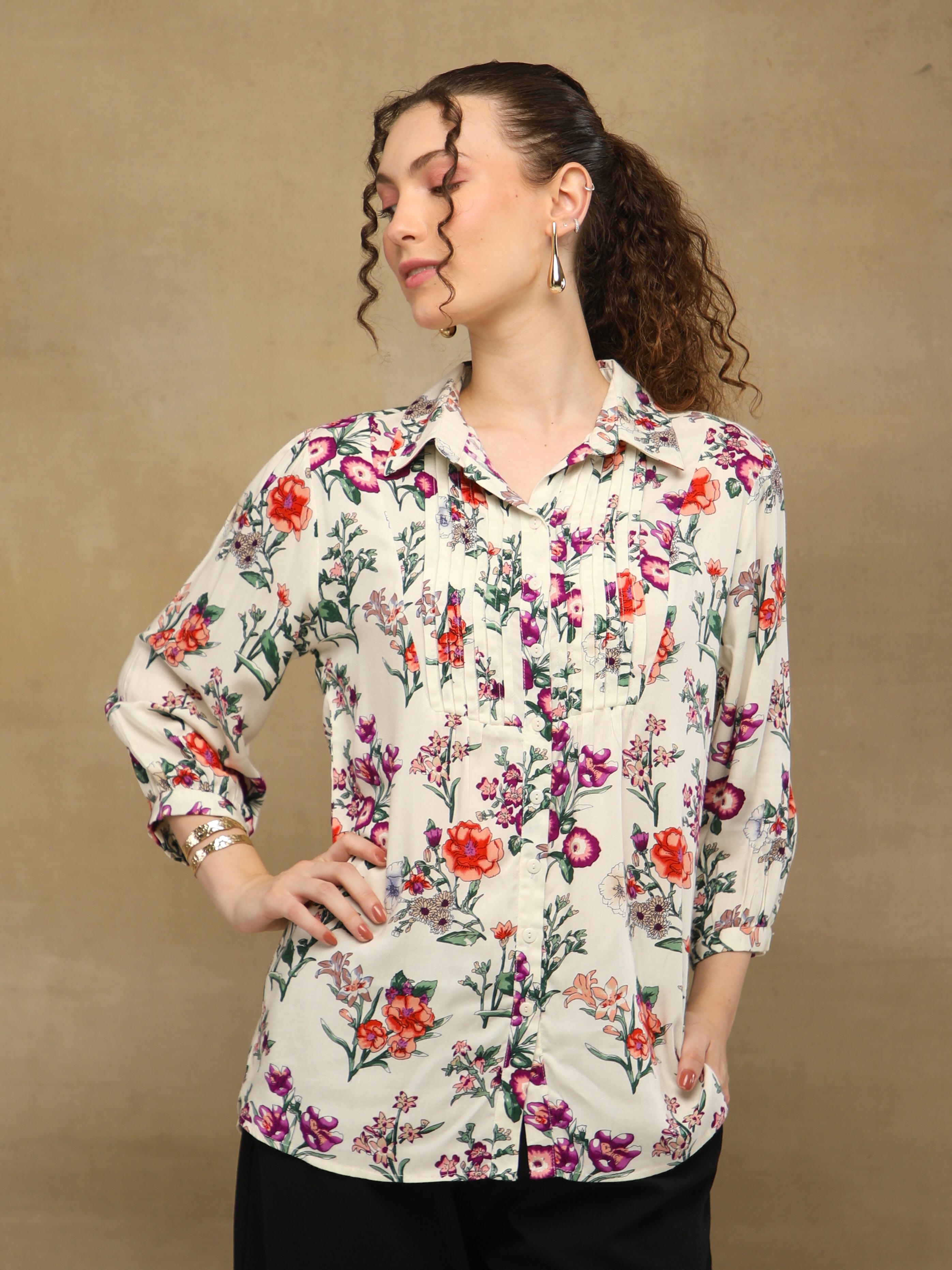Floral Pintuck White Shirt