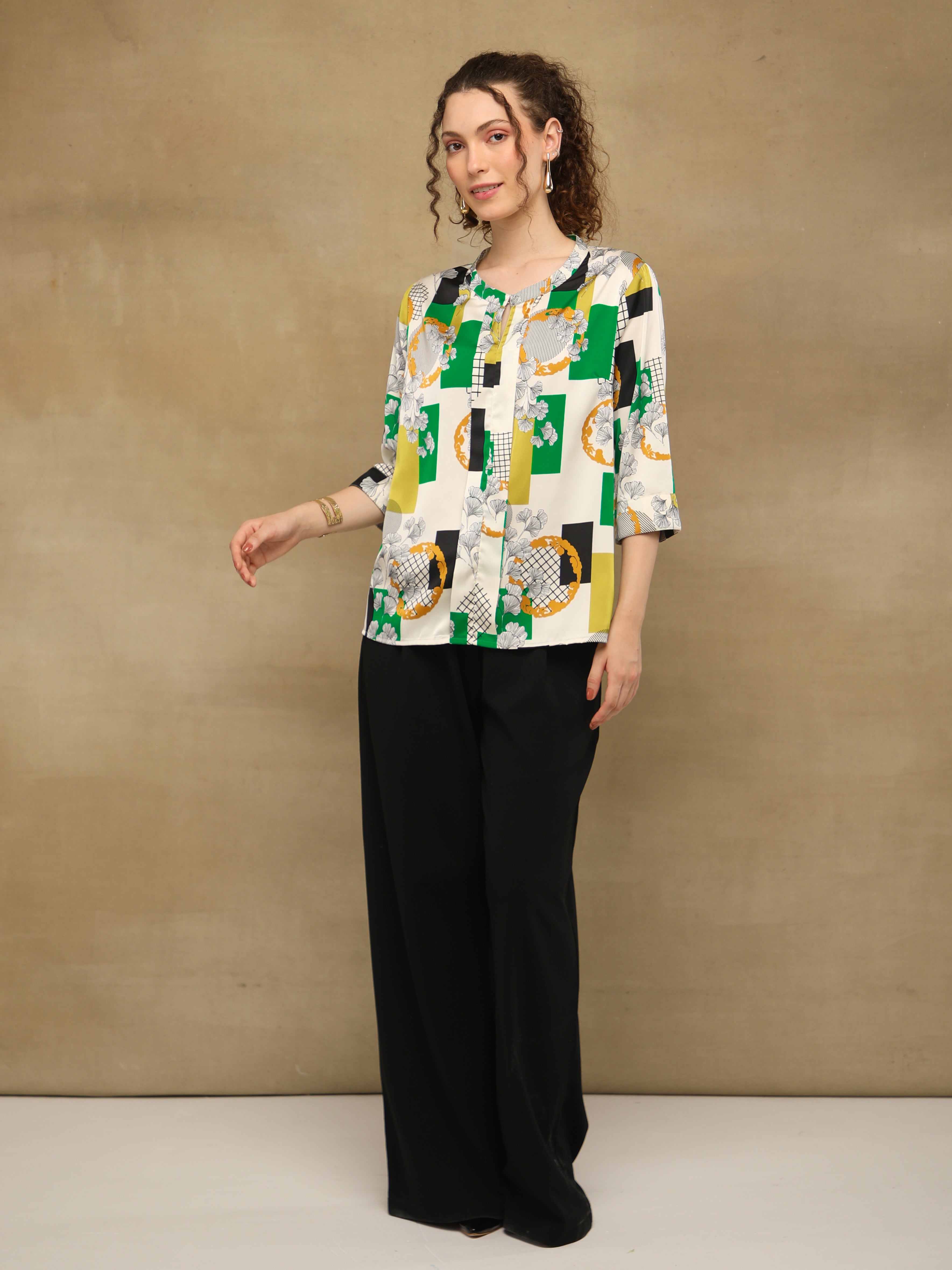 Green Box Print Top