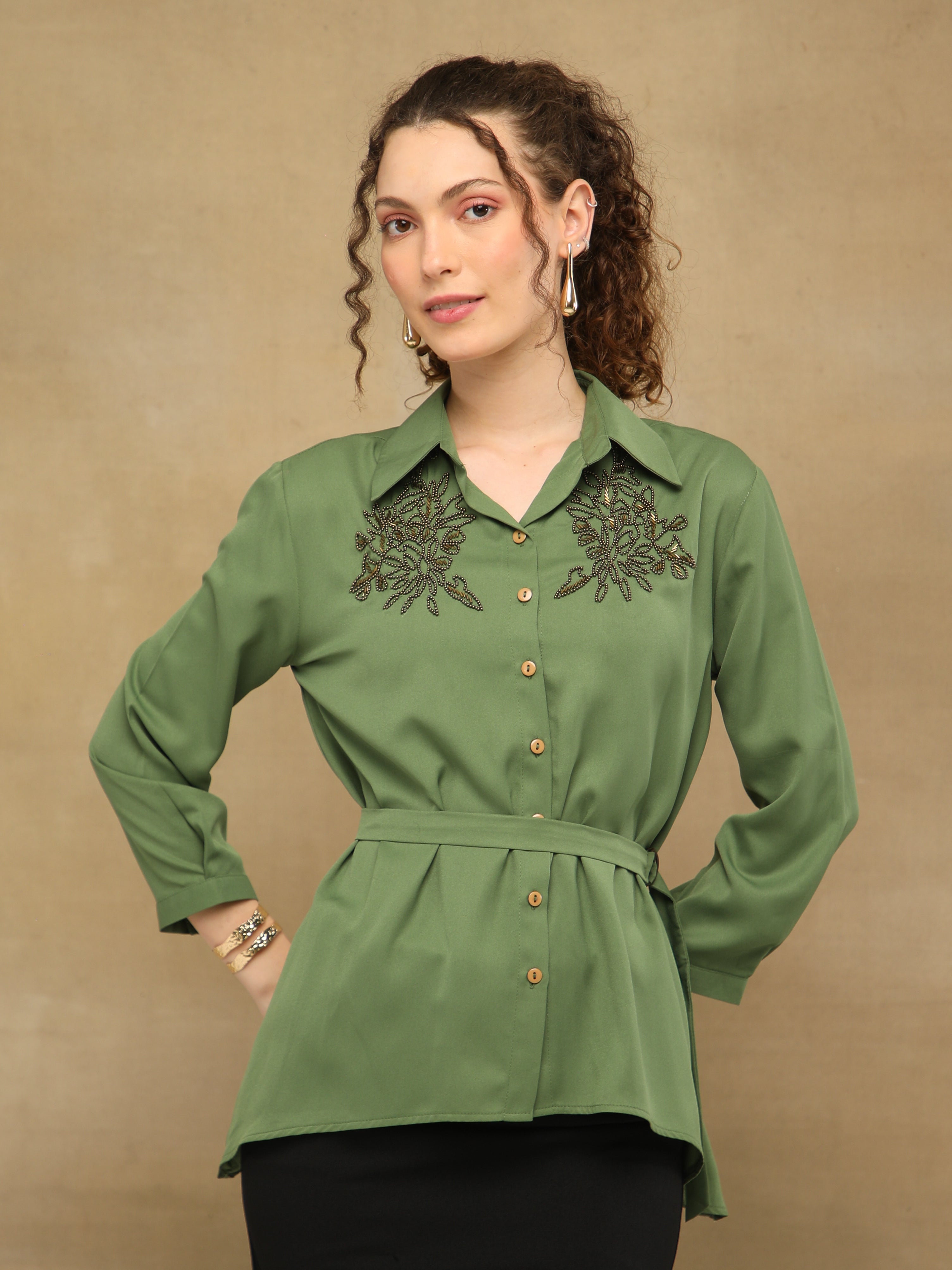 Olive Crest Sequin Shirt