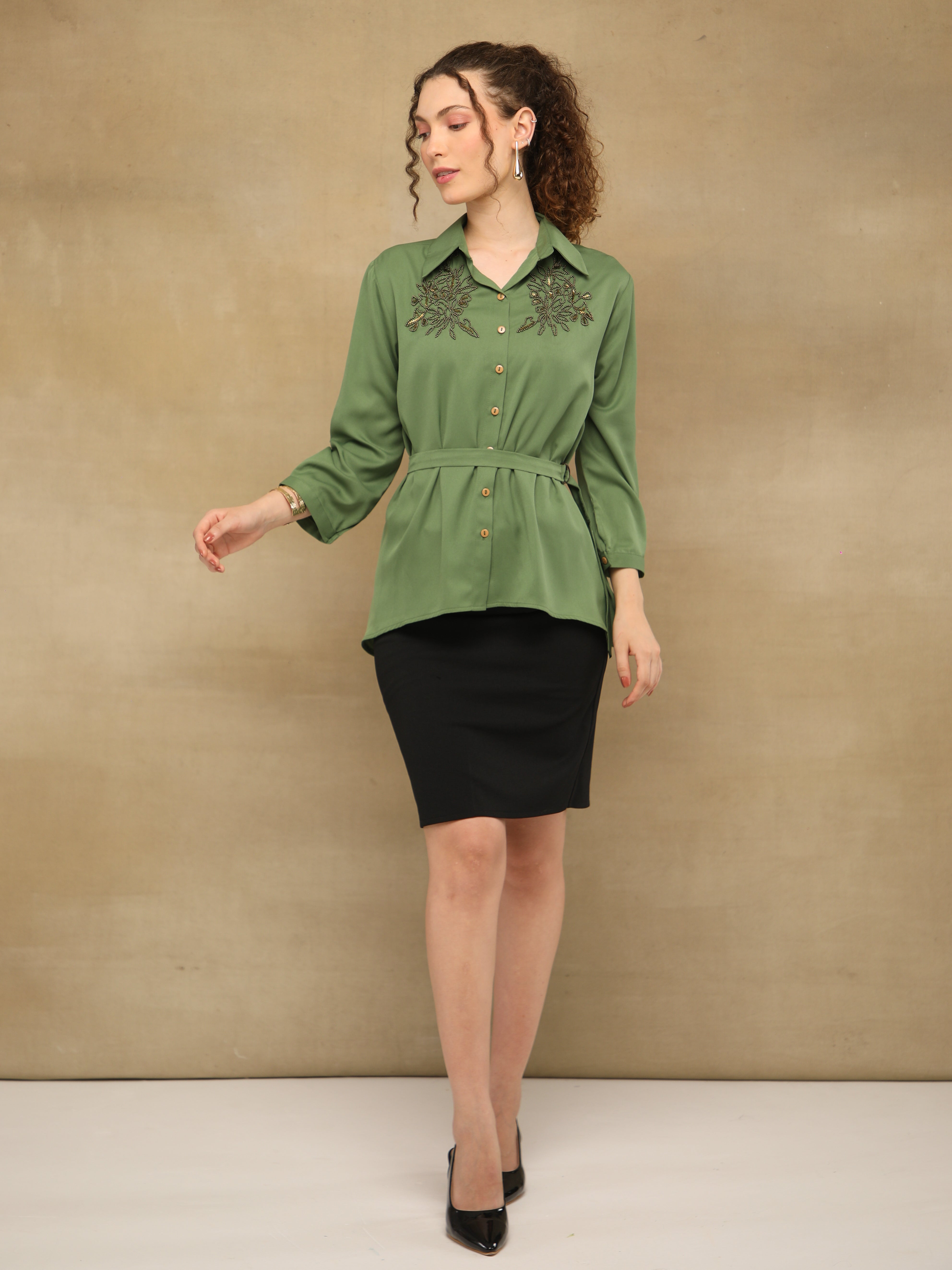 Olive Crest Sequin Shirt