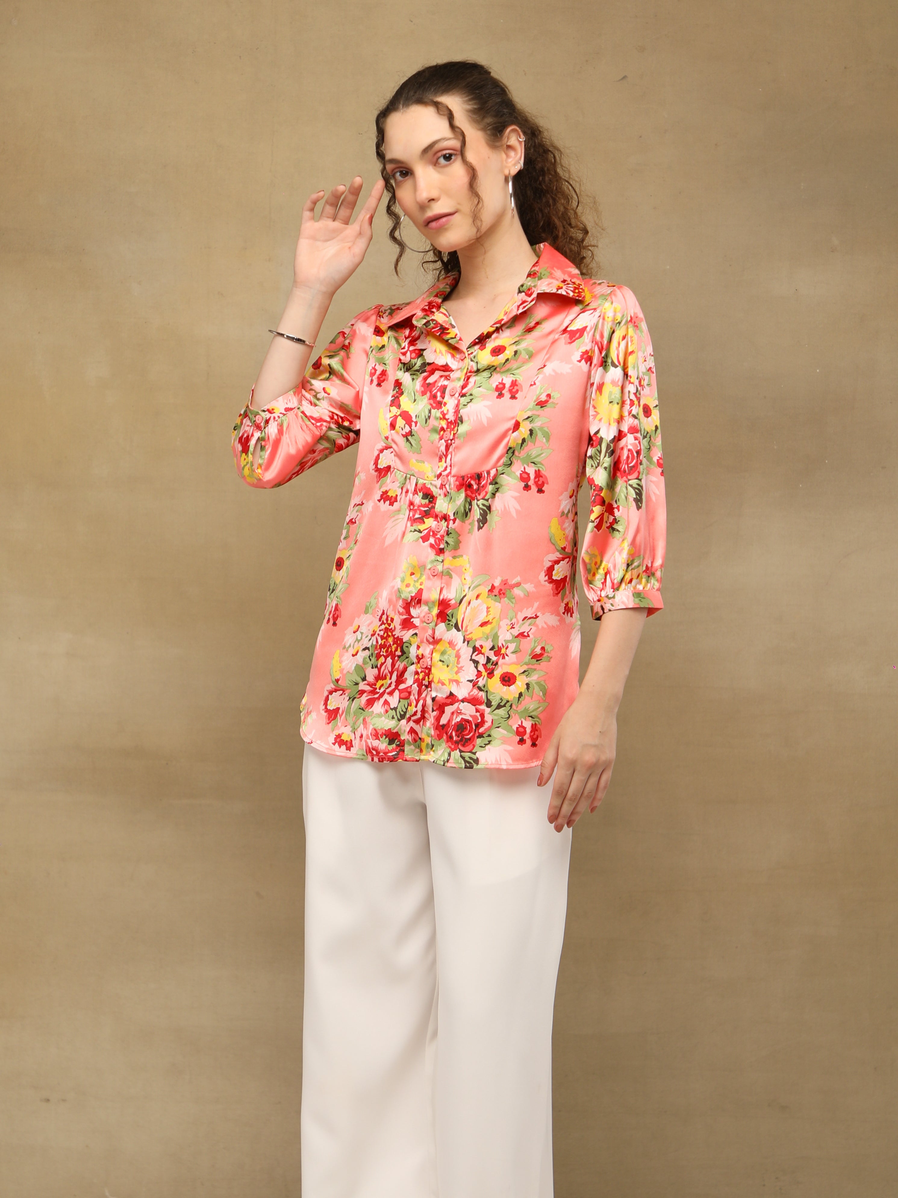Front Yoke Gather Coral Shirt