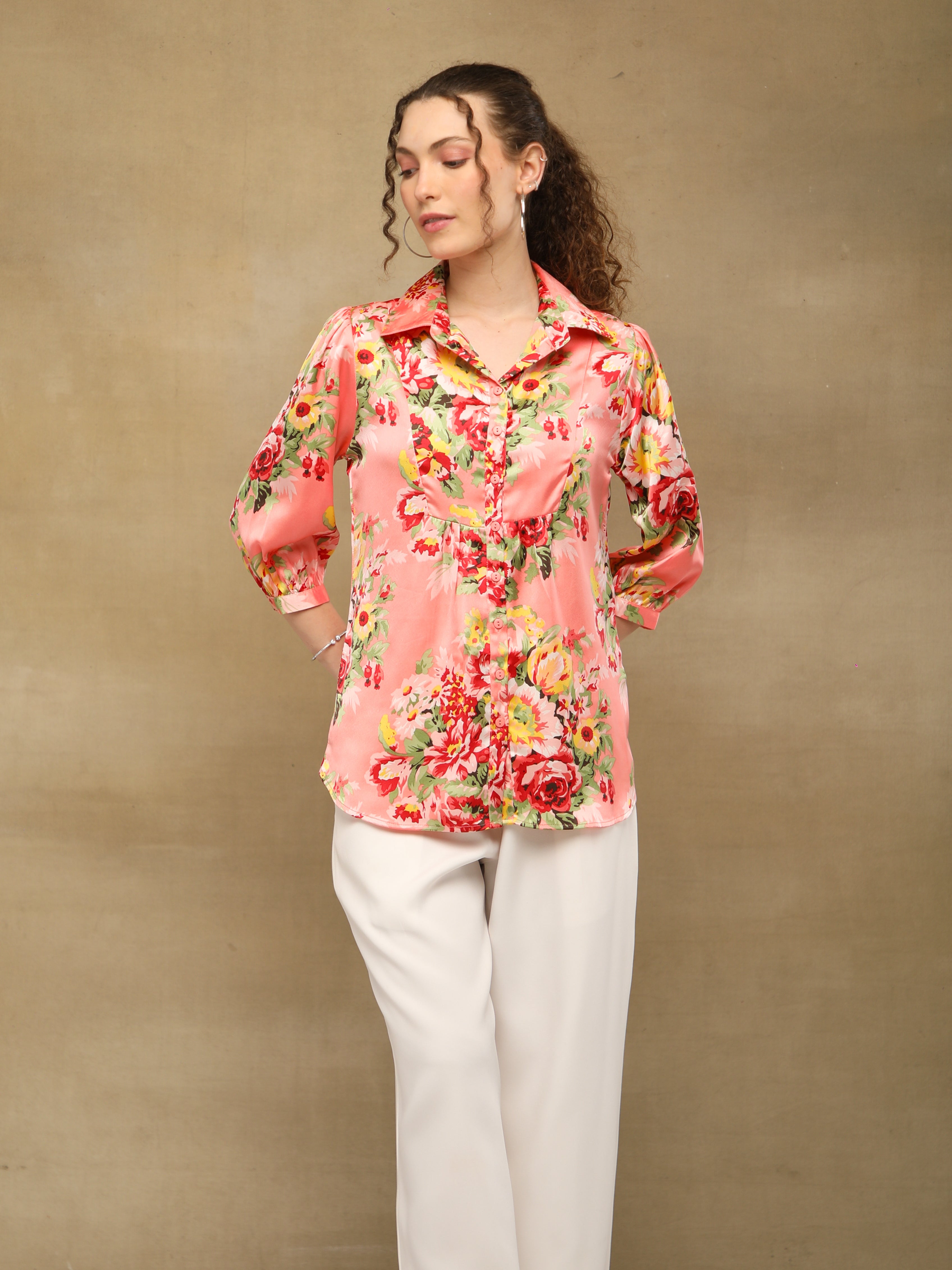 Front Yoke Gather Coral Shirt
