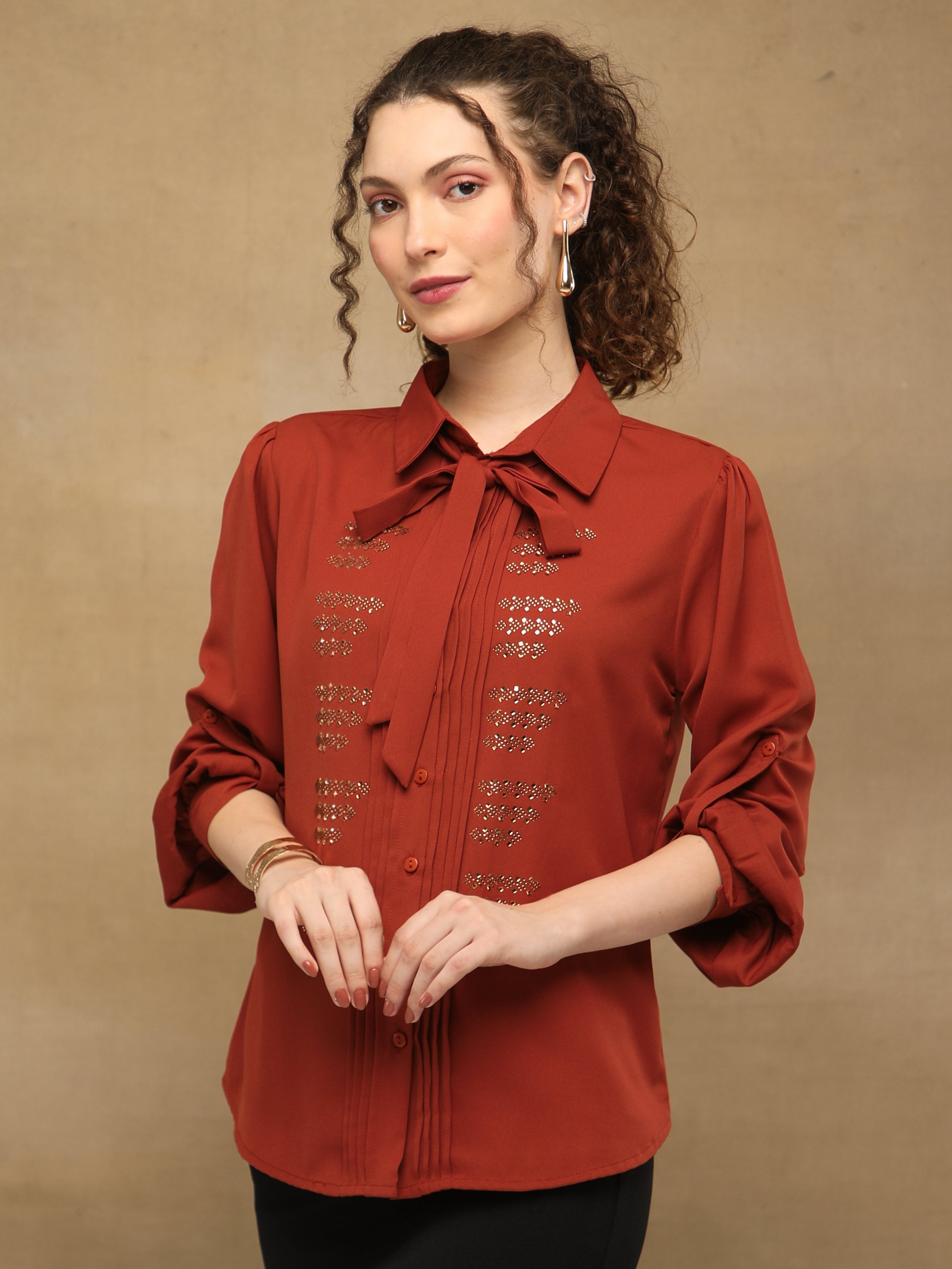 Rust Linear Crystal Tie-up Shirt
